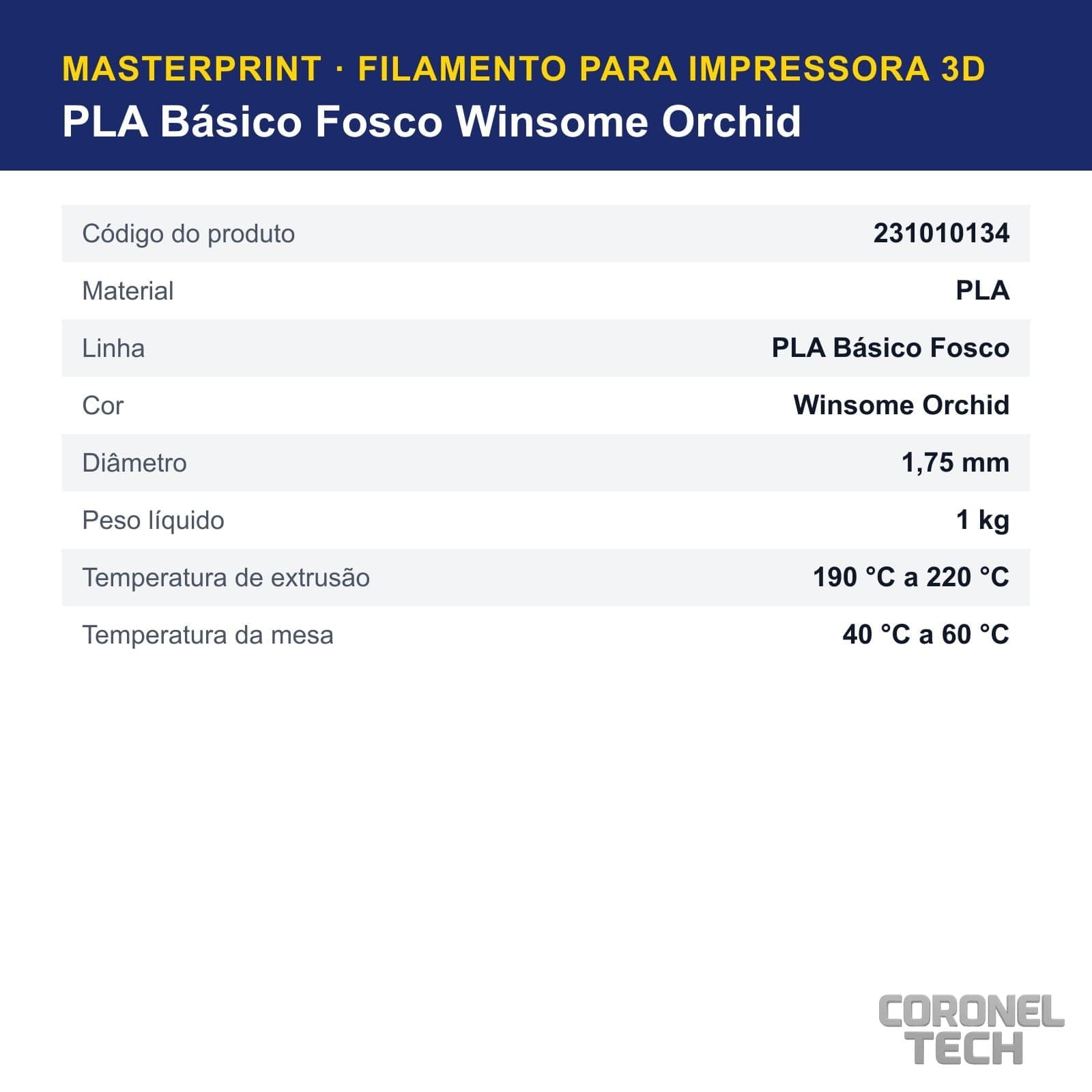 PLA Fosco Winsome Orchid: dados e códigos do produto