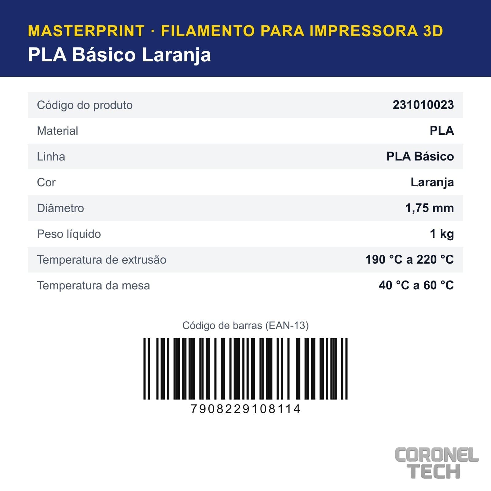 PLA Laranja: dados e códigos do produto