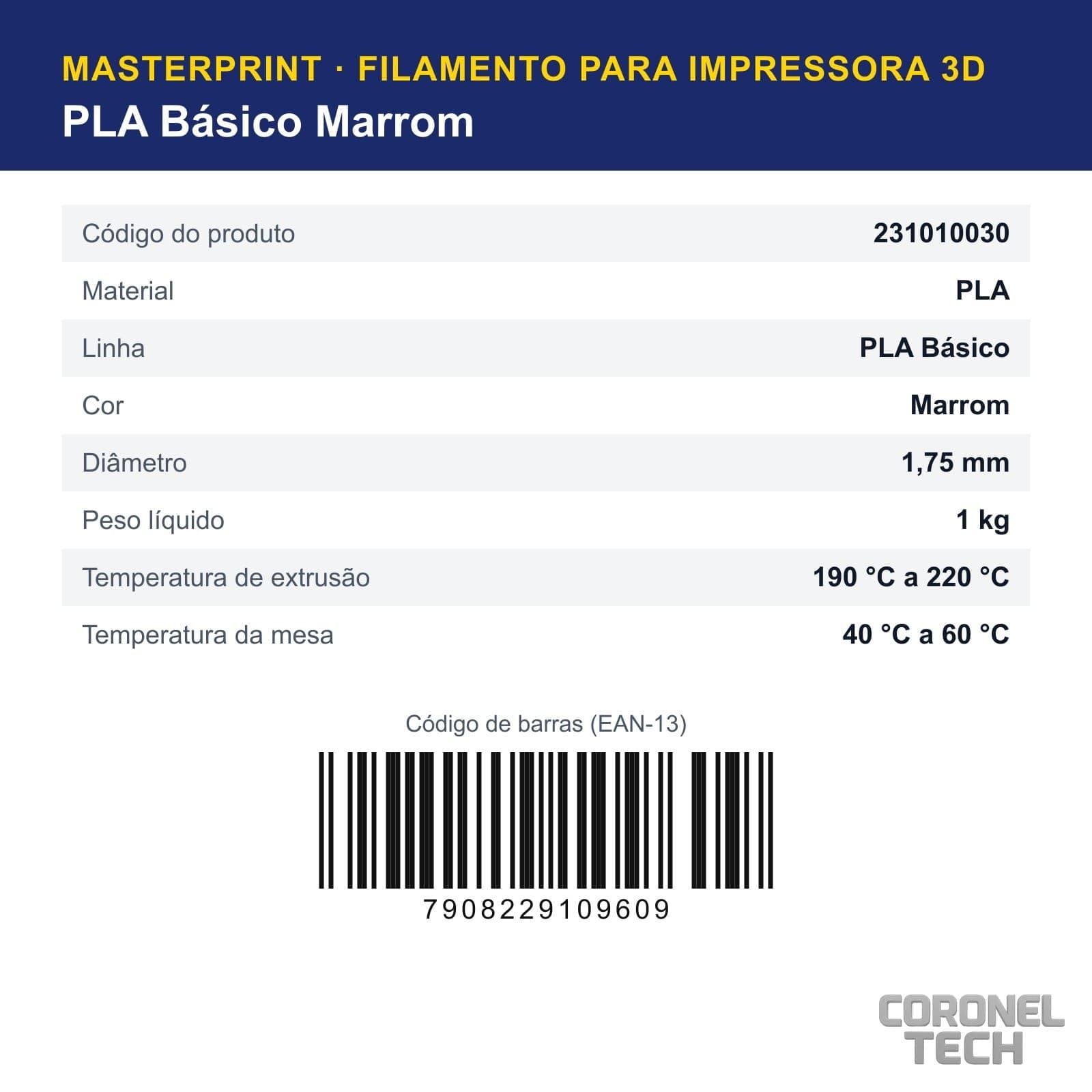 PLA Marrom: dados e códigos do produto