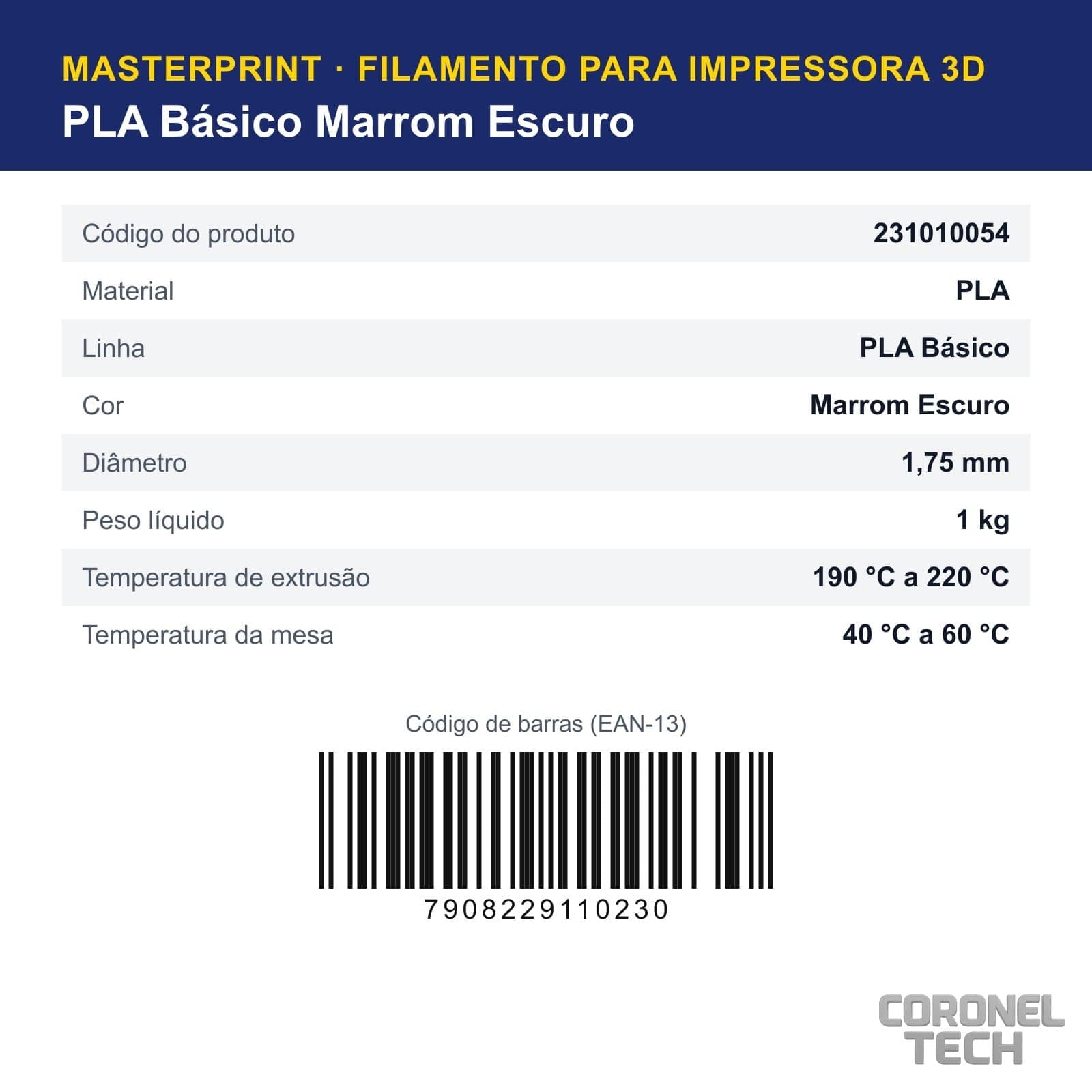 PLA Marrom Escuro: dados e códigos do produto