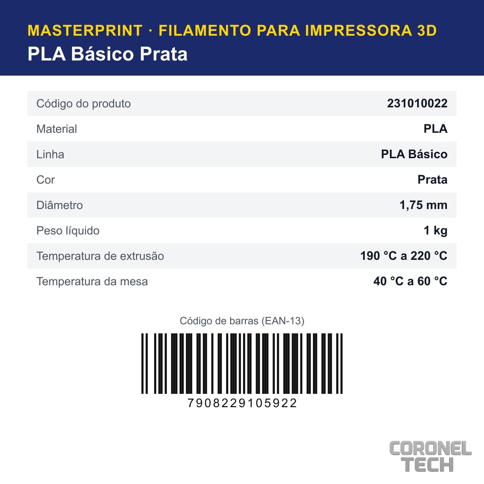 PLA Prata: dados e códigos do produto
