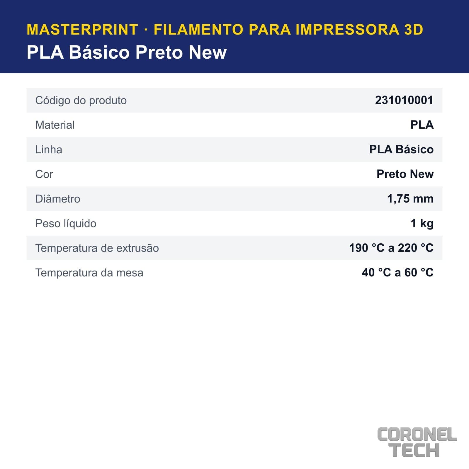 PLA Preto New: dados e códigos do produto