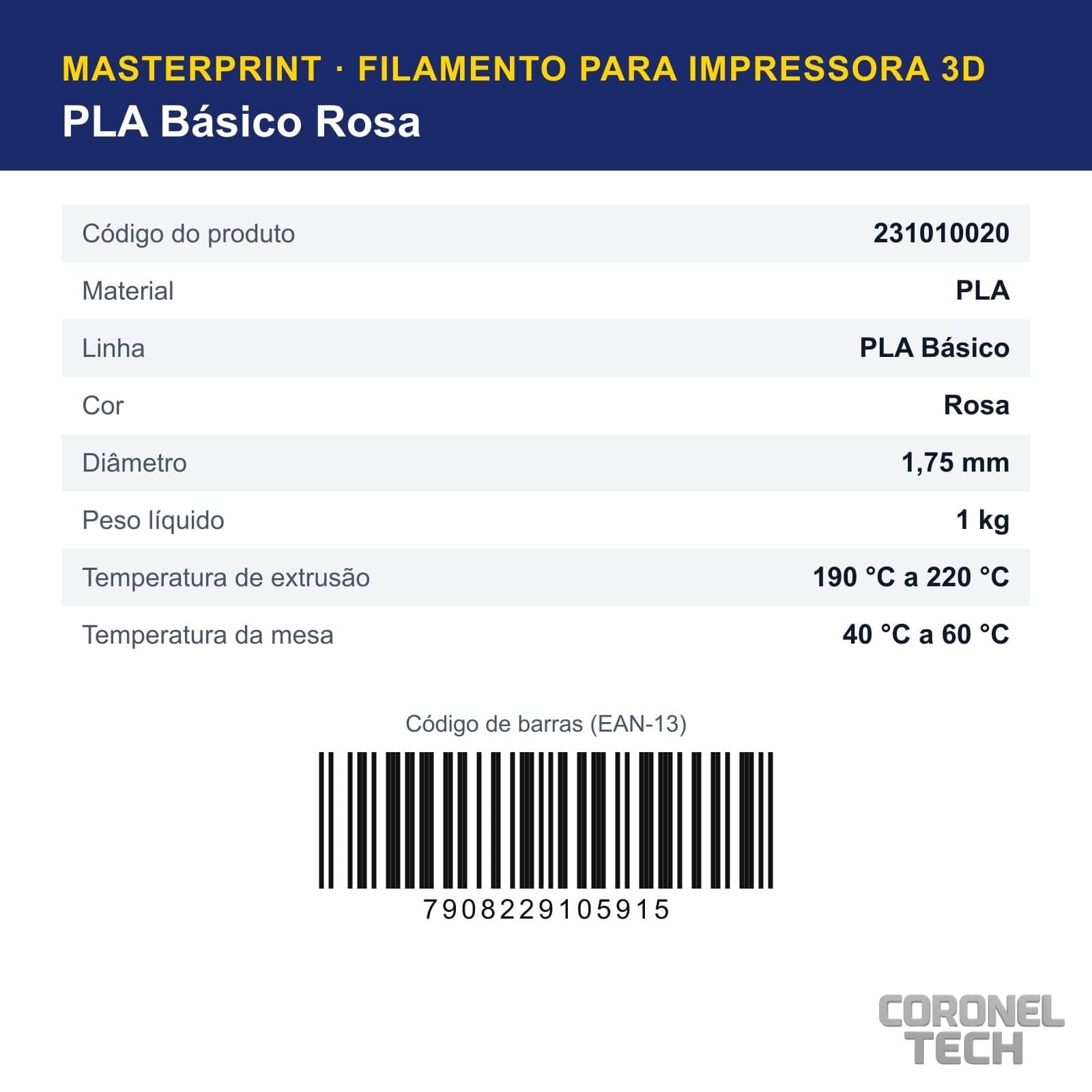 PLA Rosa: dados e códigos do produto
