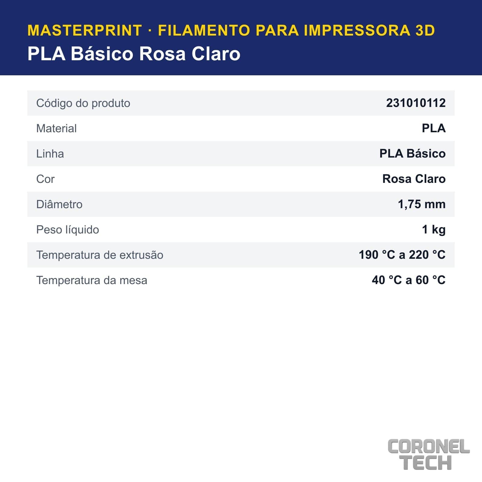 PLA Rosa Claro: dados e códigos do produto