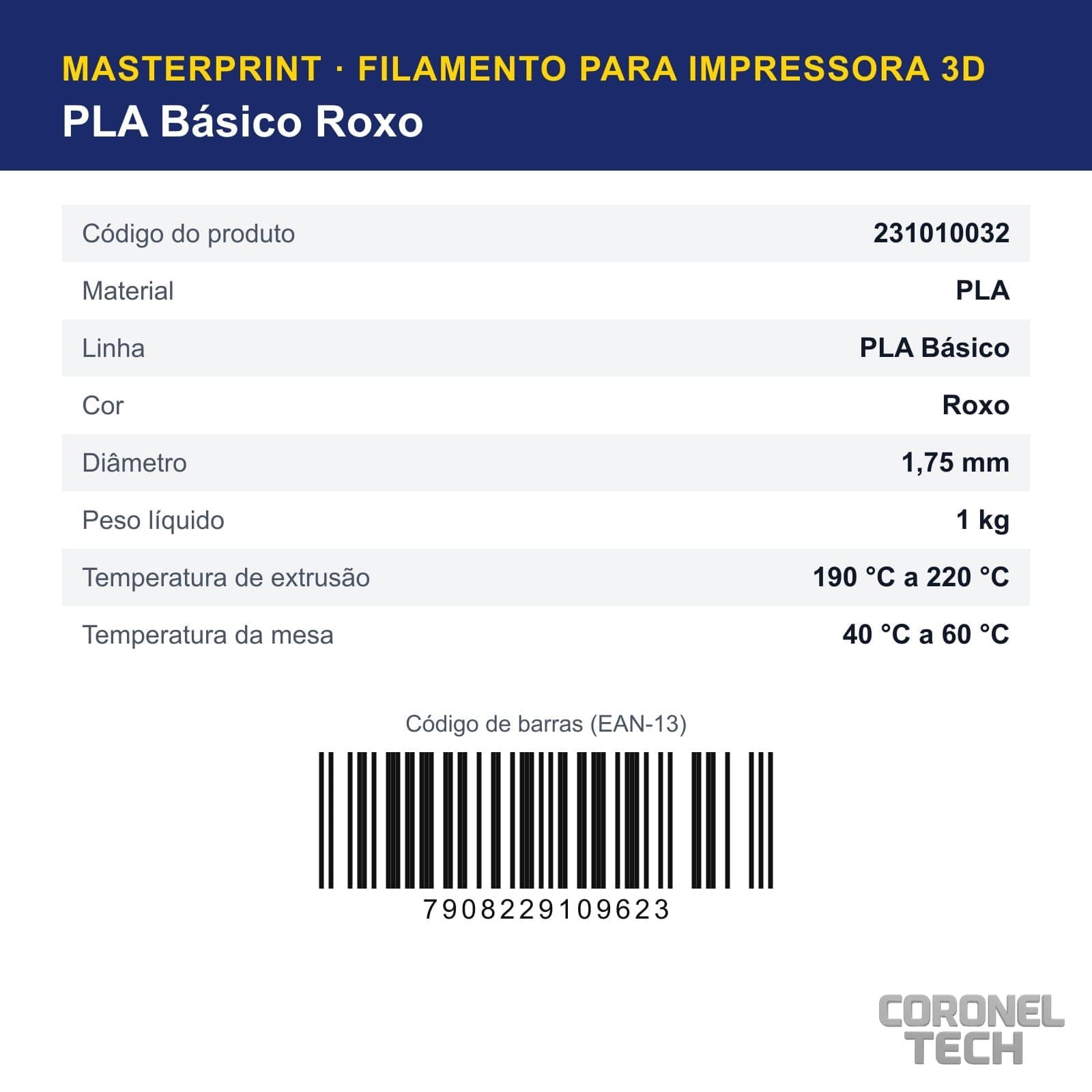 PLA Roxo: dados e códigos do produto