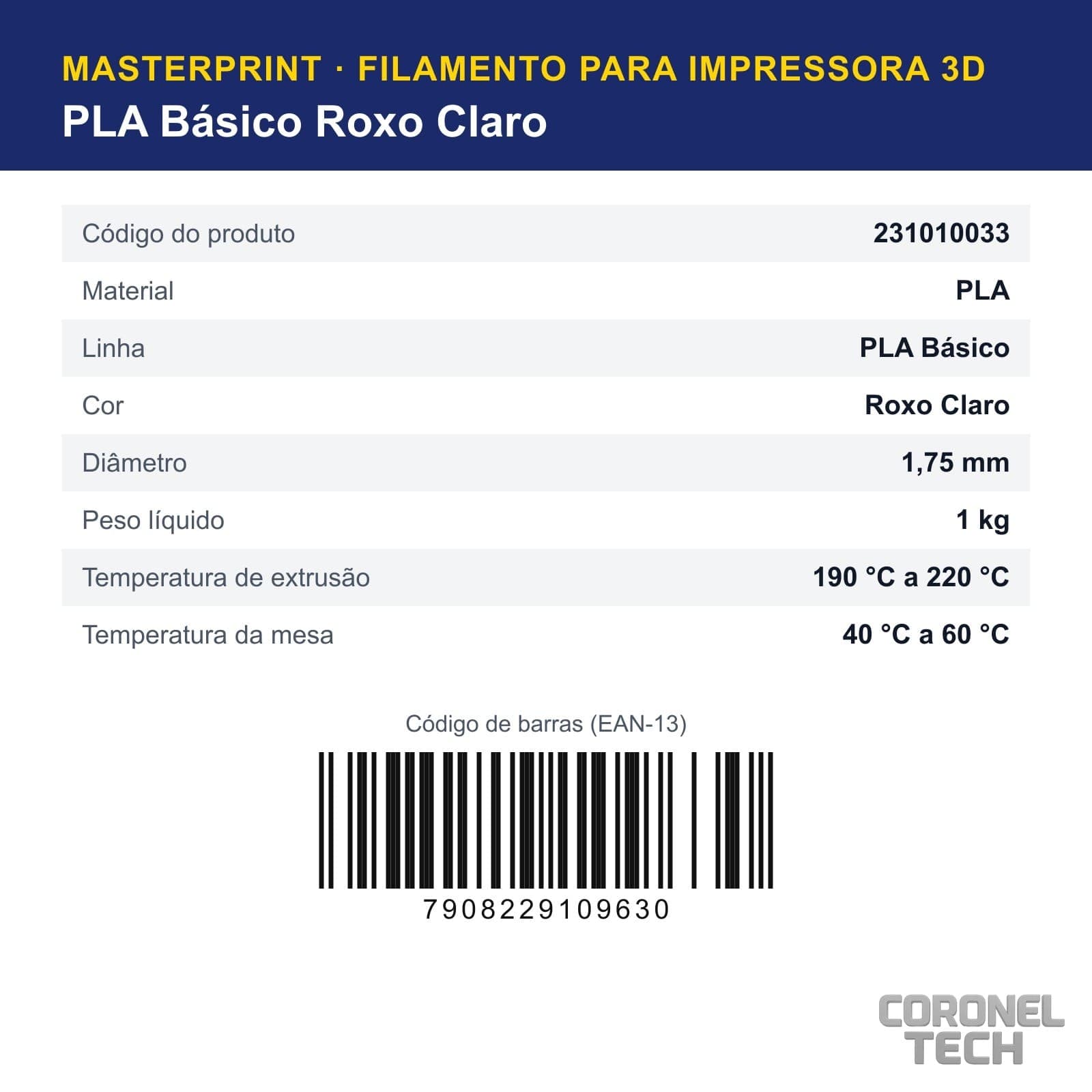 PLA Roxo Claro: dados e códigos do produto