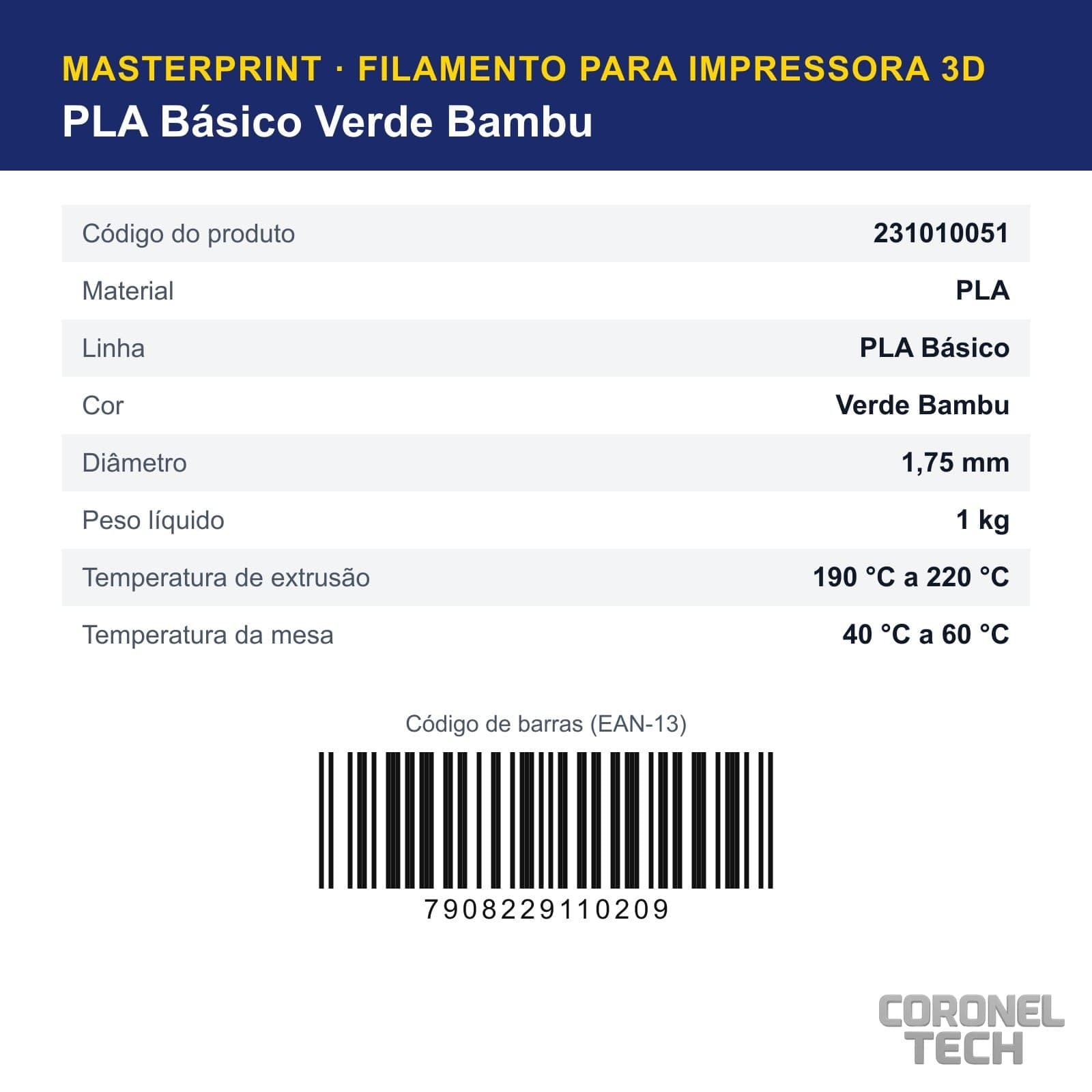 PLA Verde Bambu: dados e códigos do produto