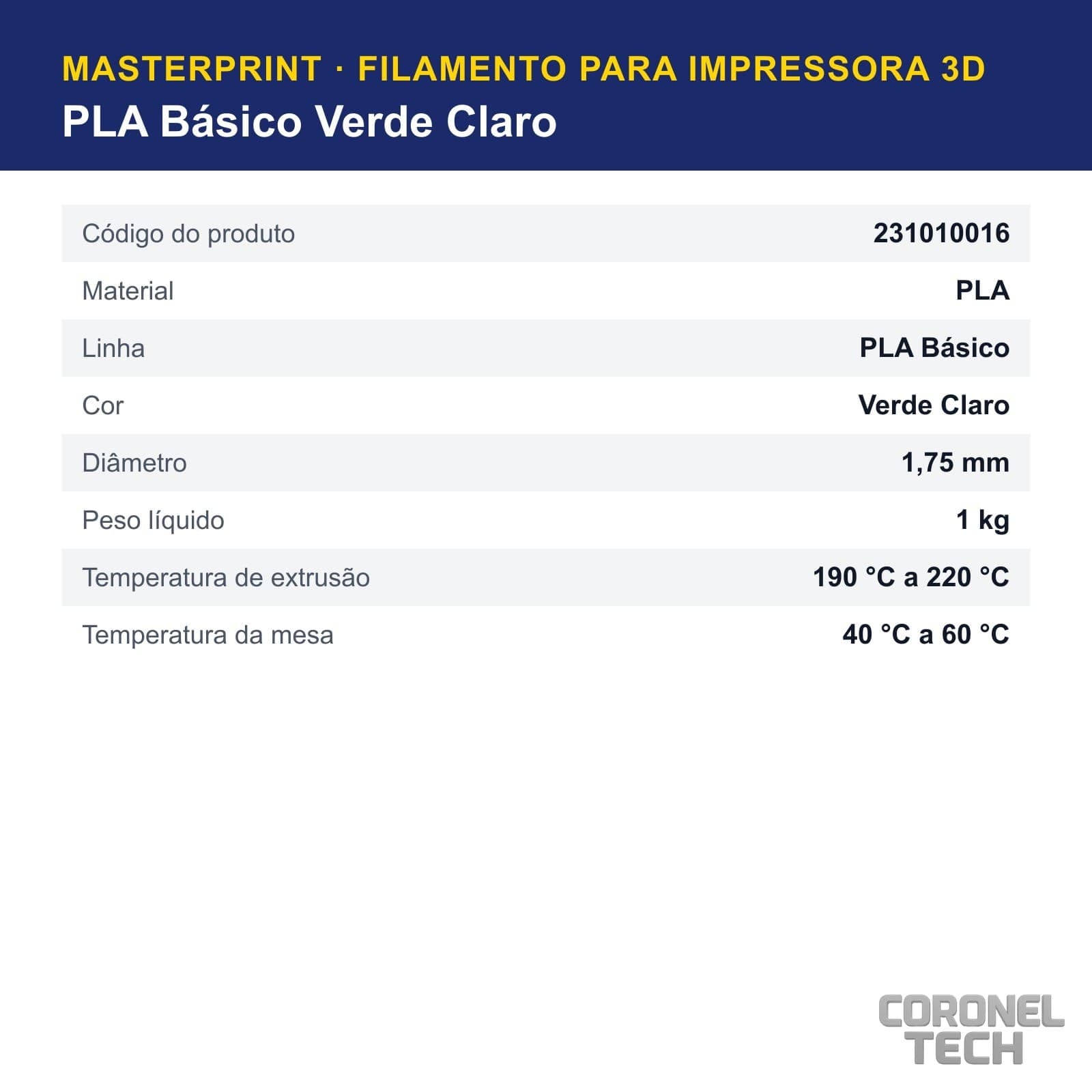 PLA Verde Claro: dados e códigos do produto