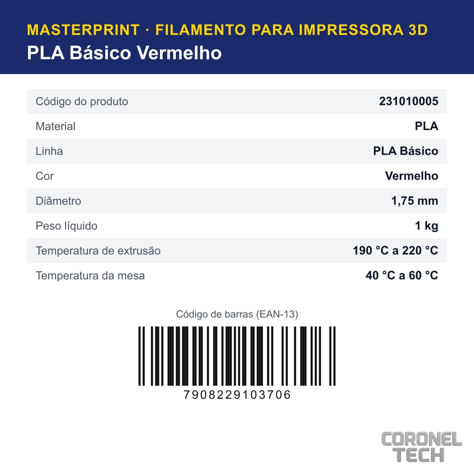 PLA Vermelho: dados e códigos do produto