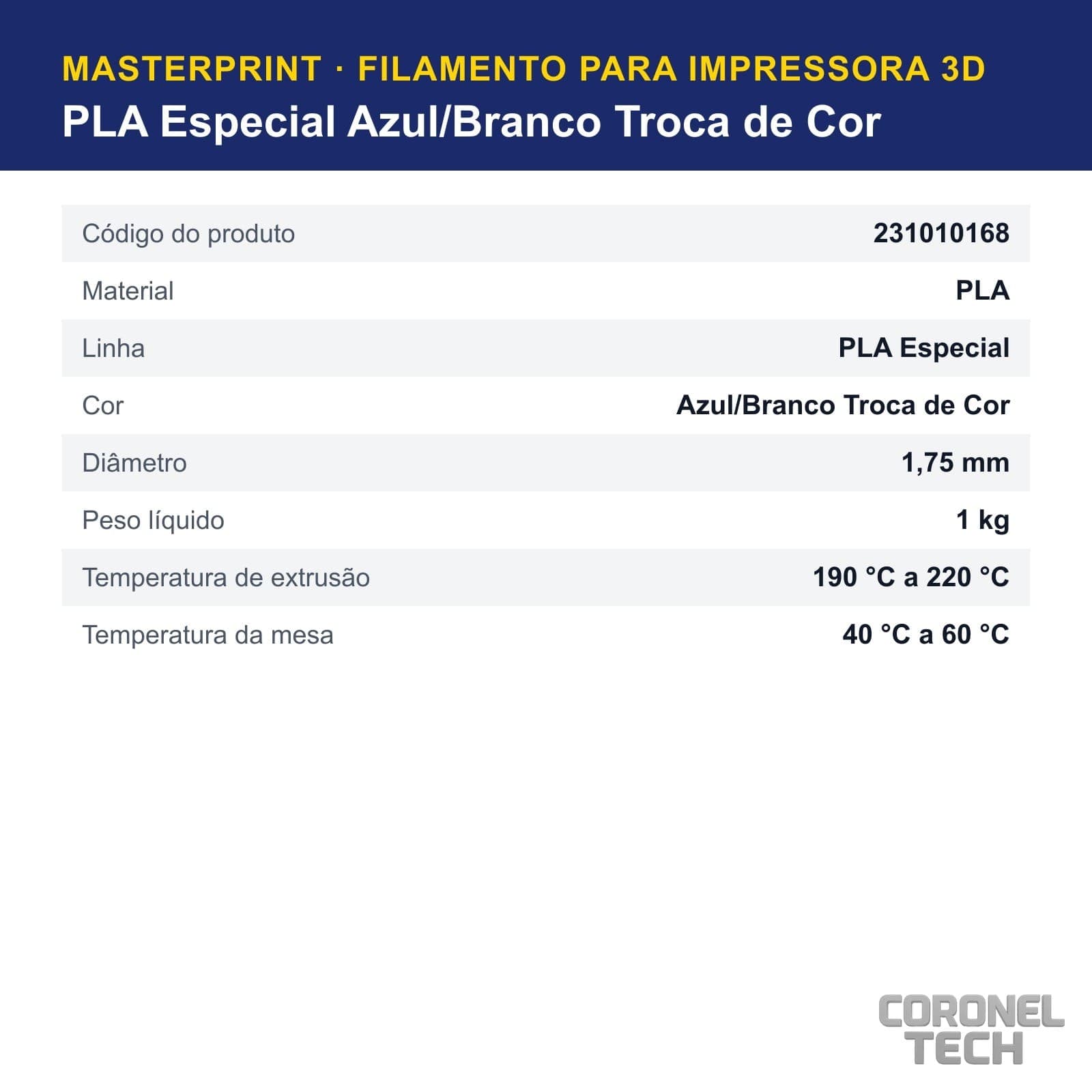PLA Especial Azul/Branco Troca de Cor: dados e códigos do produto