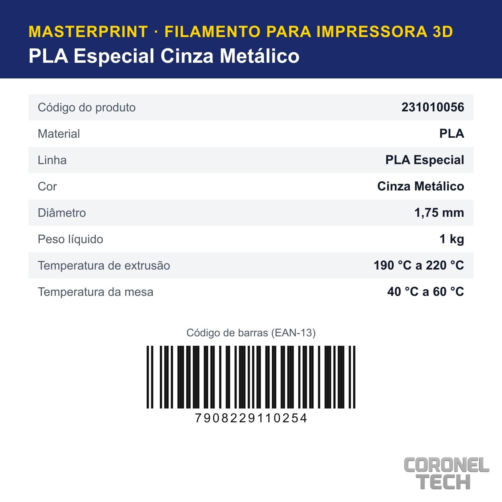 PLA Especial Cinza Metálico: dados e códigos do produto