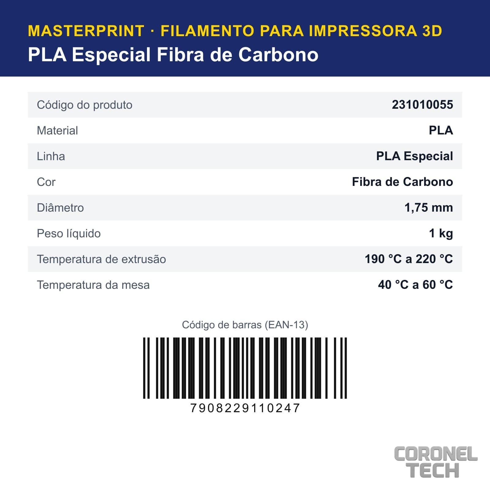 PLA Especial Fibra de Carbono: dados e códigos do produto