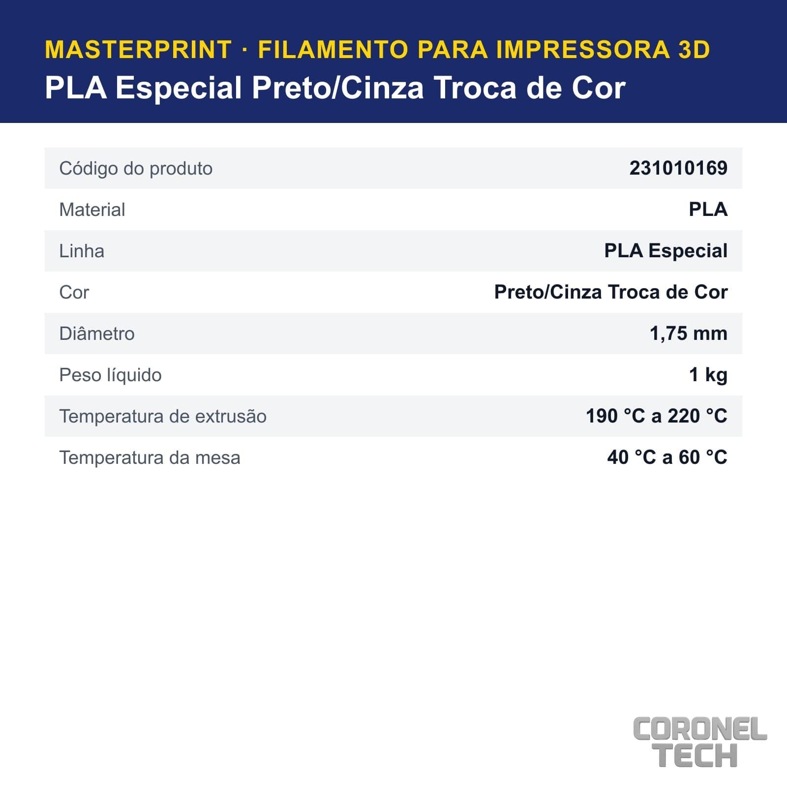 PLA Especial Preto/Cinza Troca de Cor: dados e códigos do produto