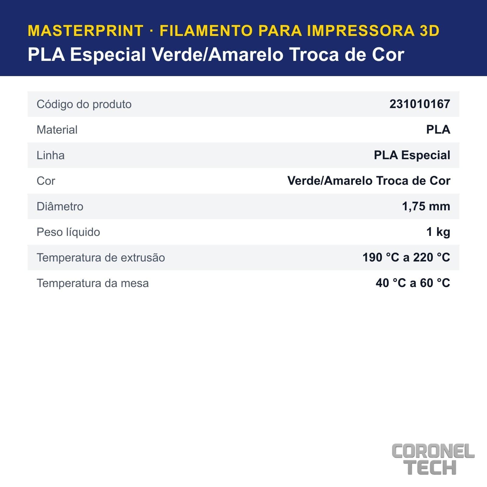 PLA Especial Verde/Amarelo Troca de Cor: dados e códigos do produto