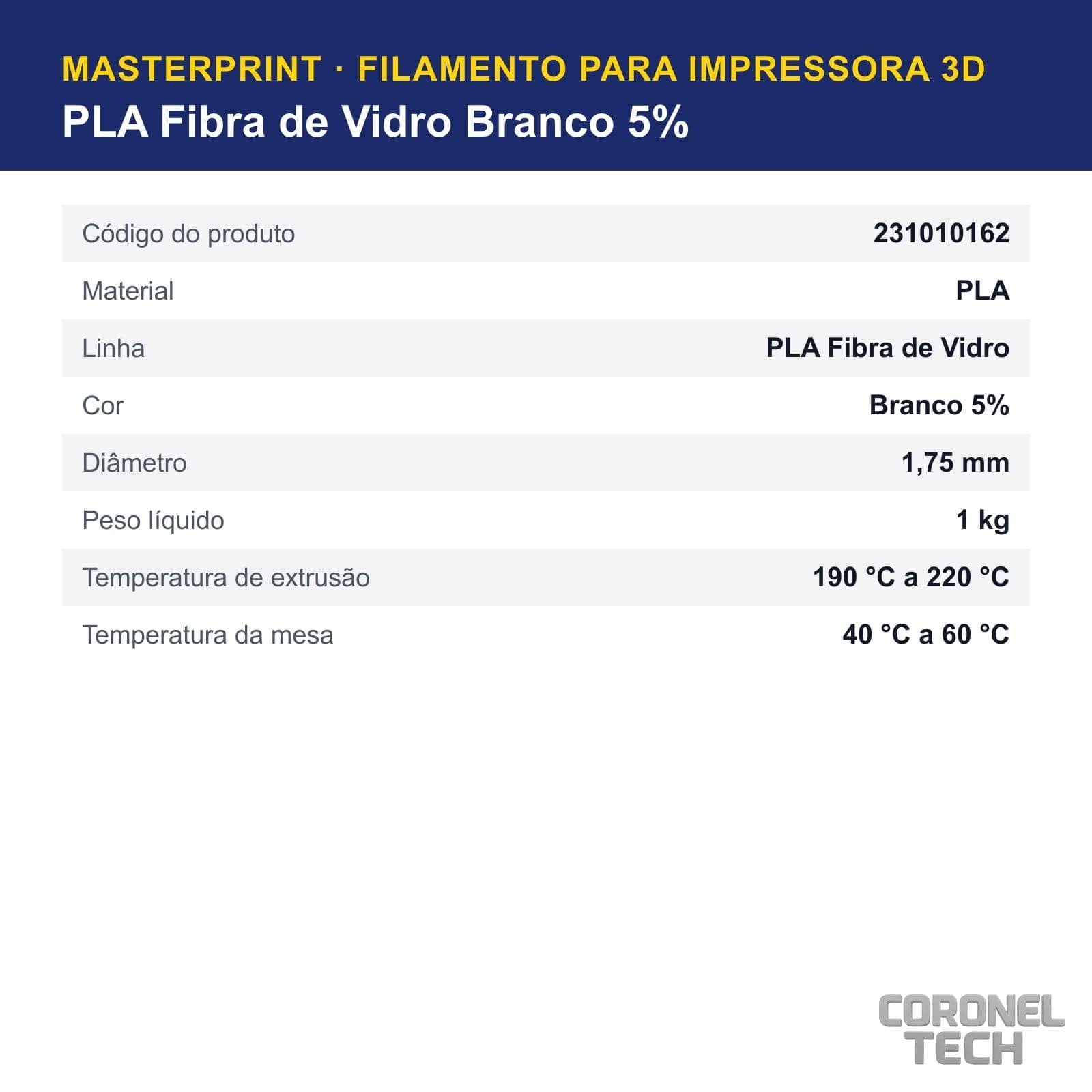 PLA Fibra de Vidro Branco 5%: dados e códigos do produto