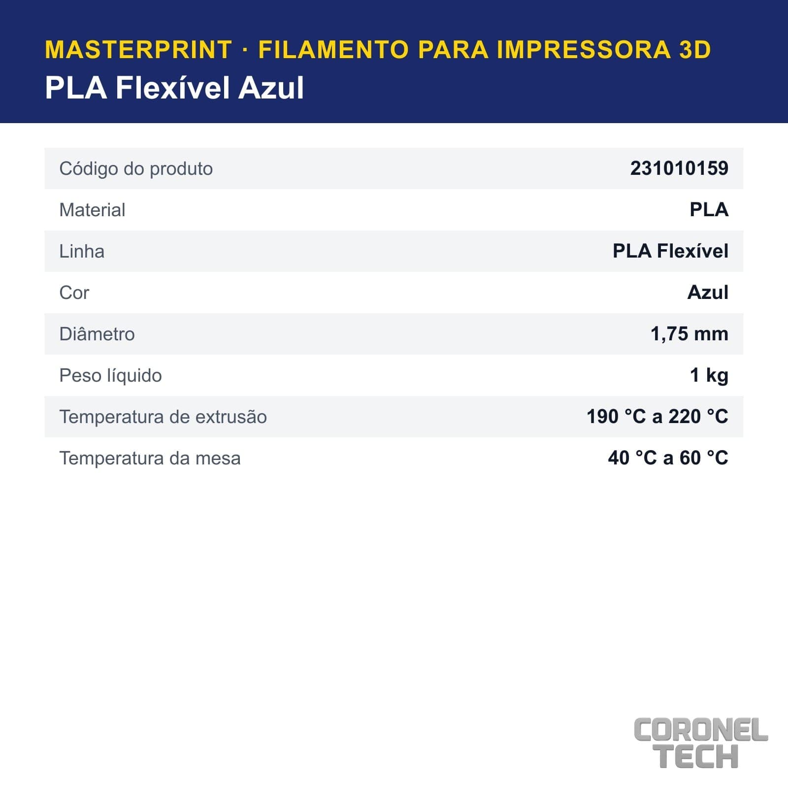 PLA Flexível Azul: dados e códigos do produto