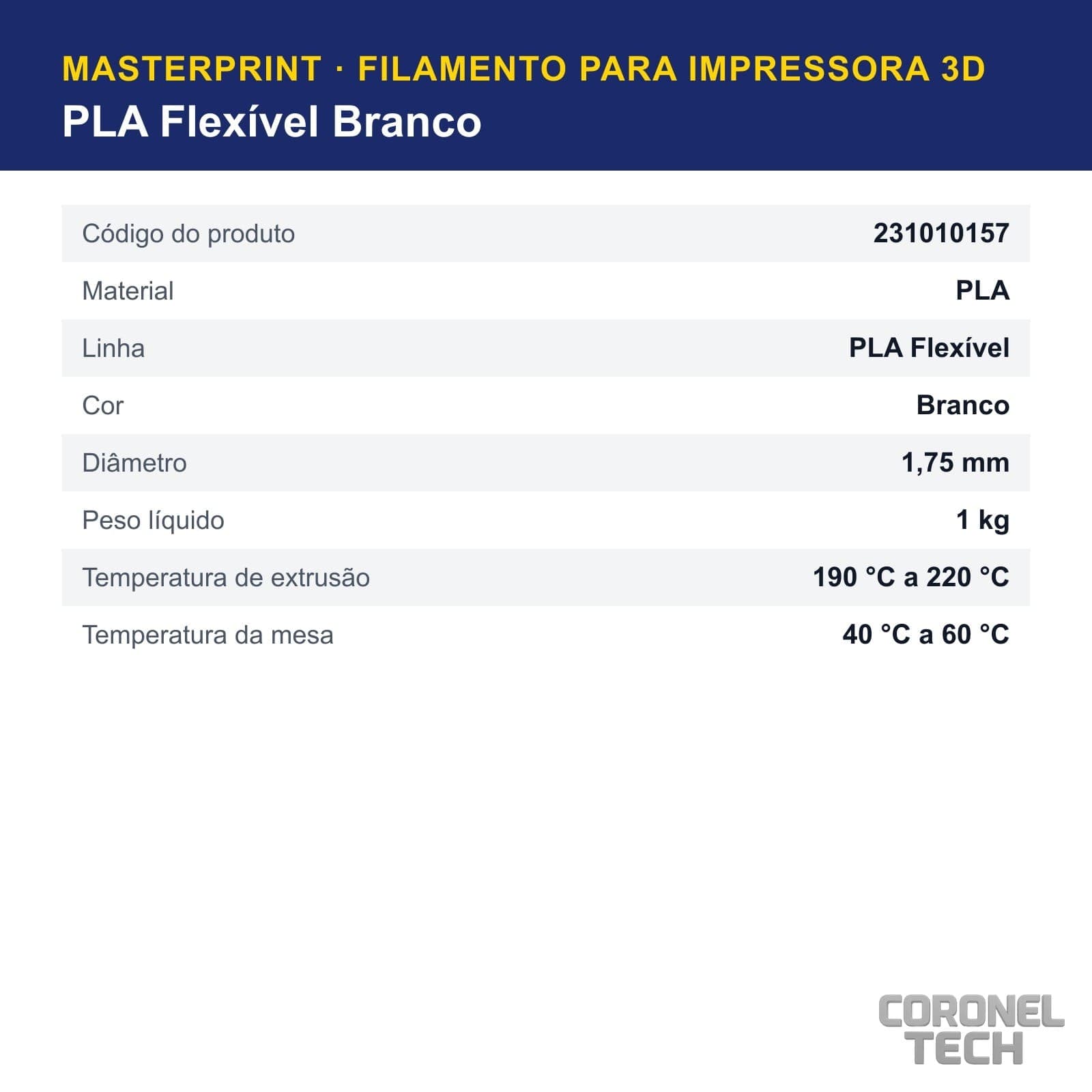 PLA Flexível Branco: dados e códigos do produto