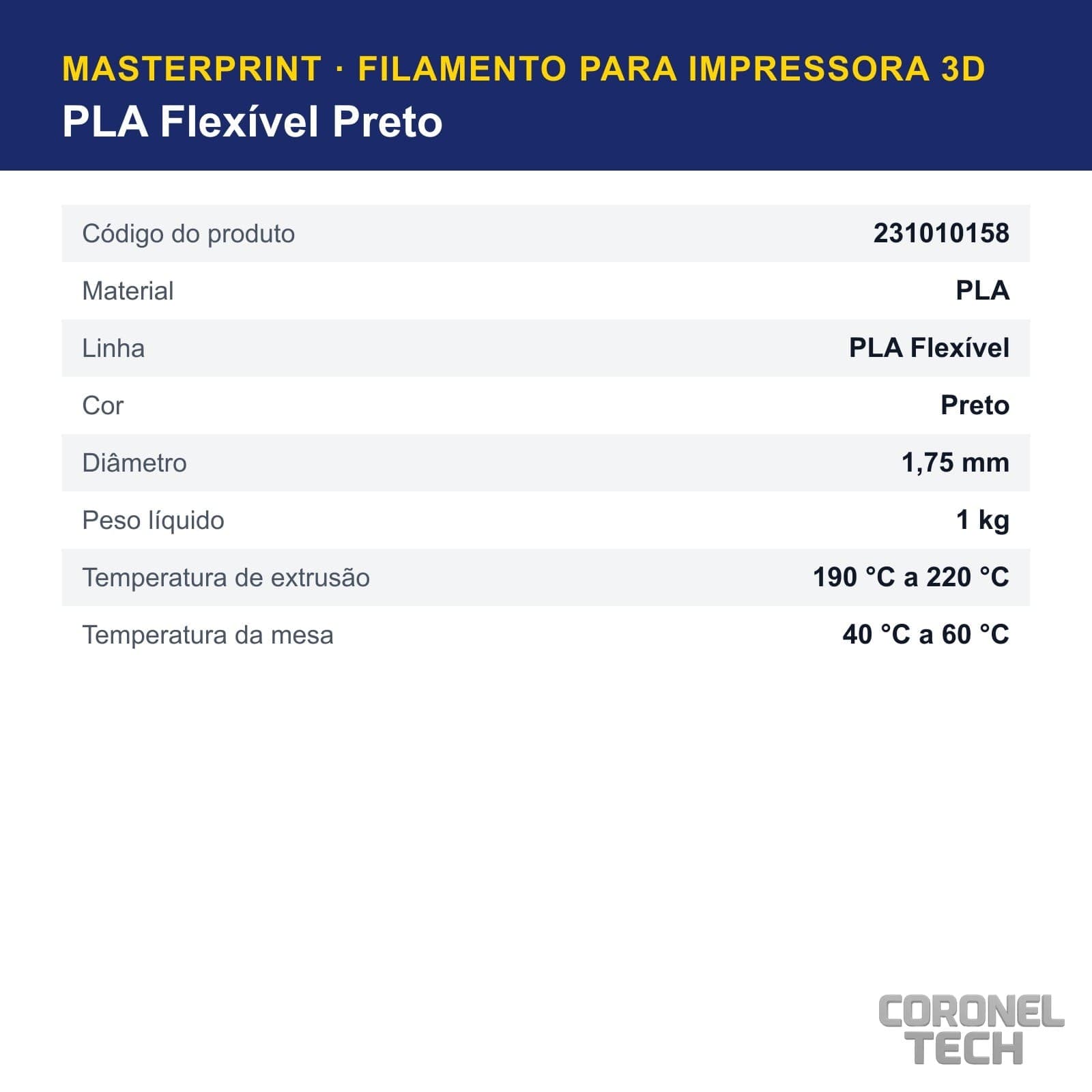 PLA Flexível Preto: dados e códigos do produto