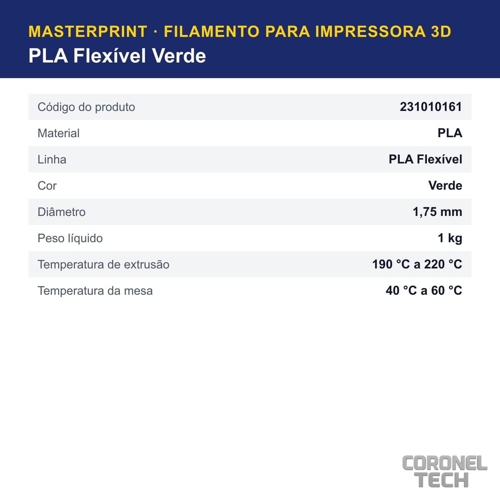PLA Flexível Verde: dados e códigos do produto
