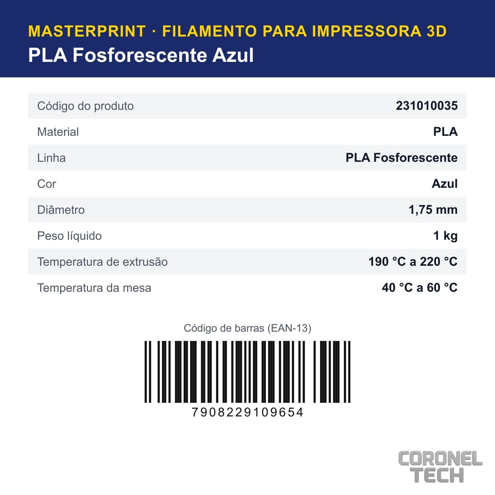 PLA Fosforescente Azul: dados e códigos do produto