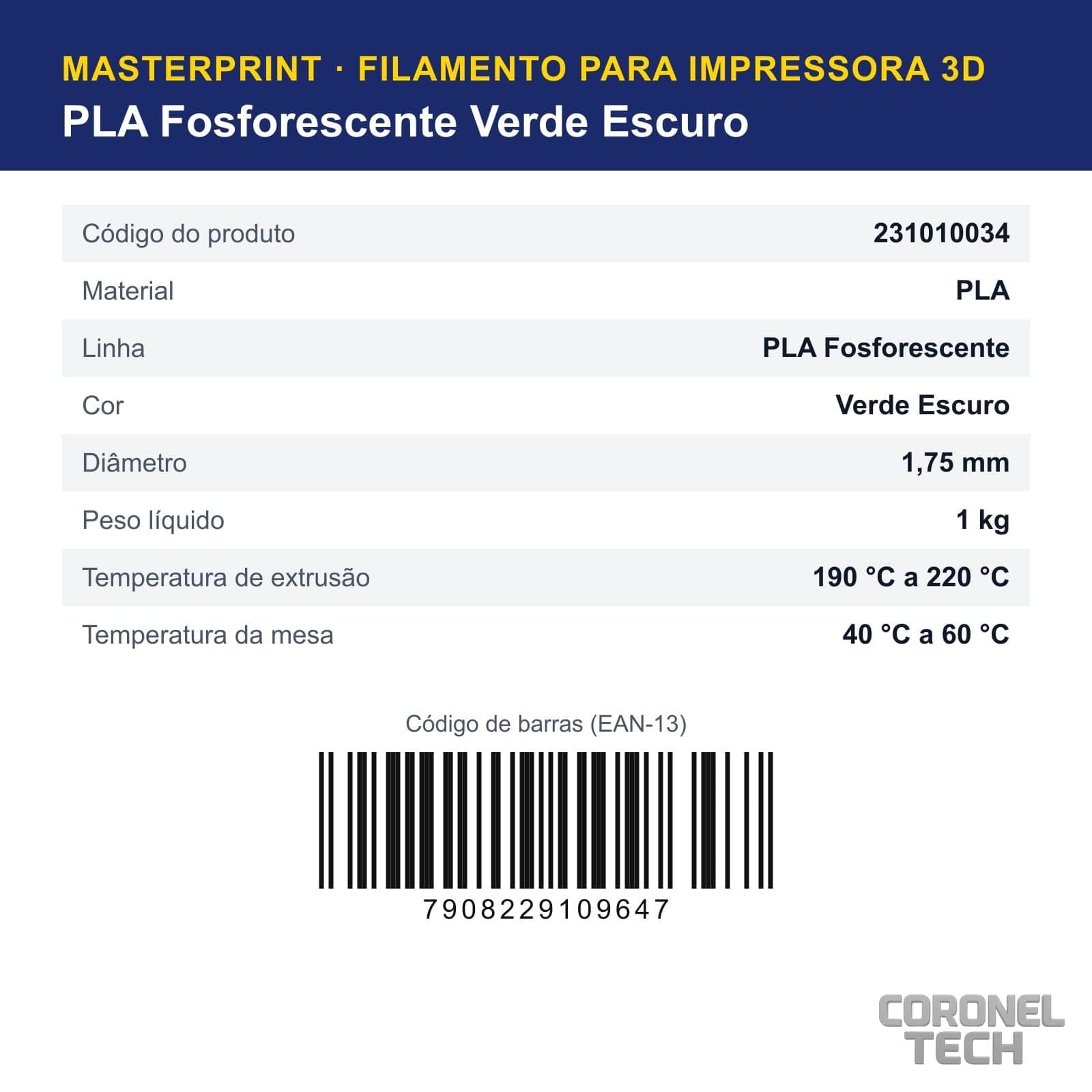 PLA Fosforescente Verde Escuro: dados e códigos do produto