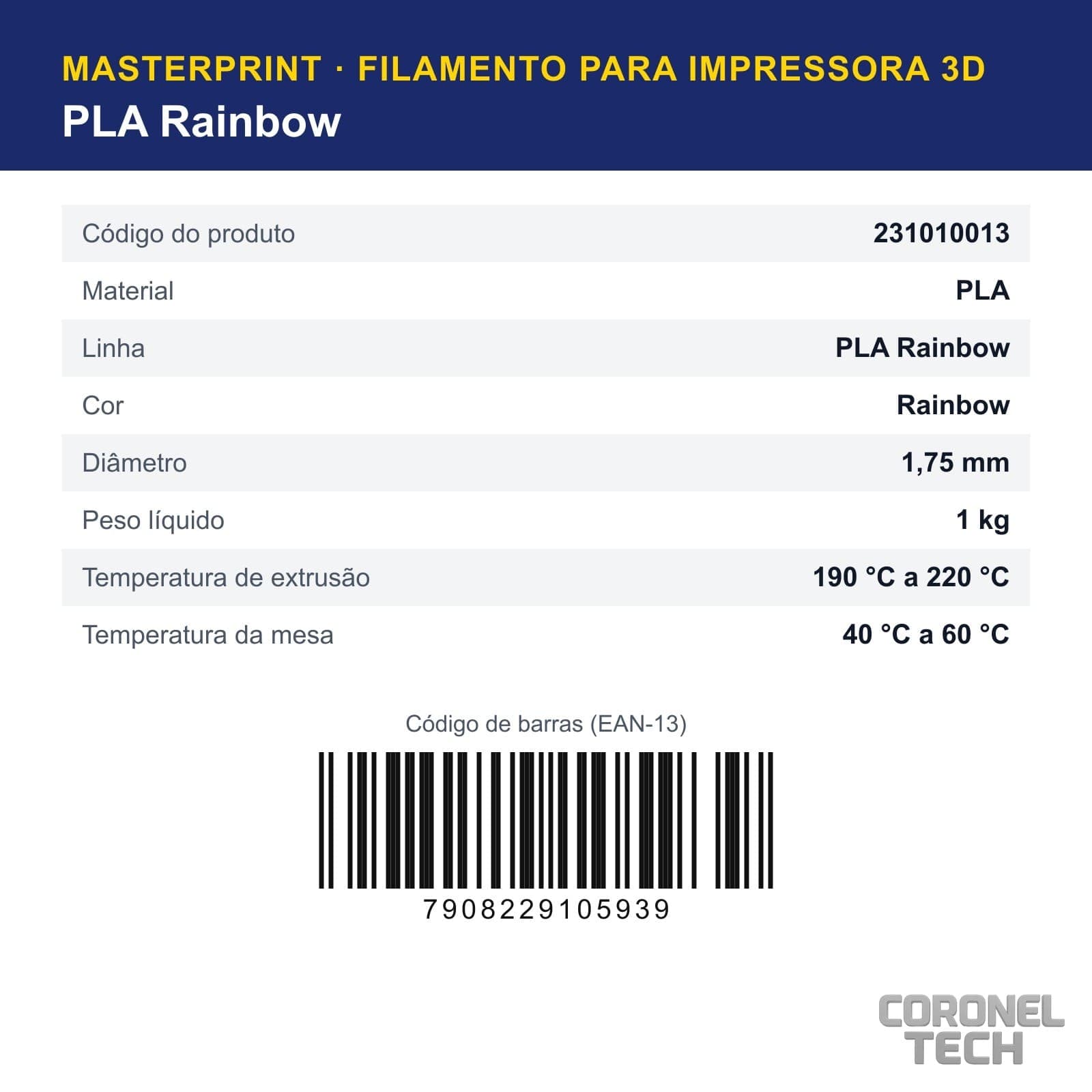 PLA Rainbow: dados e códigos do produto