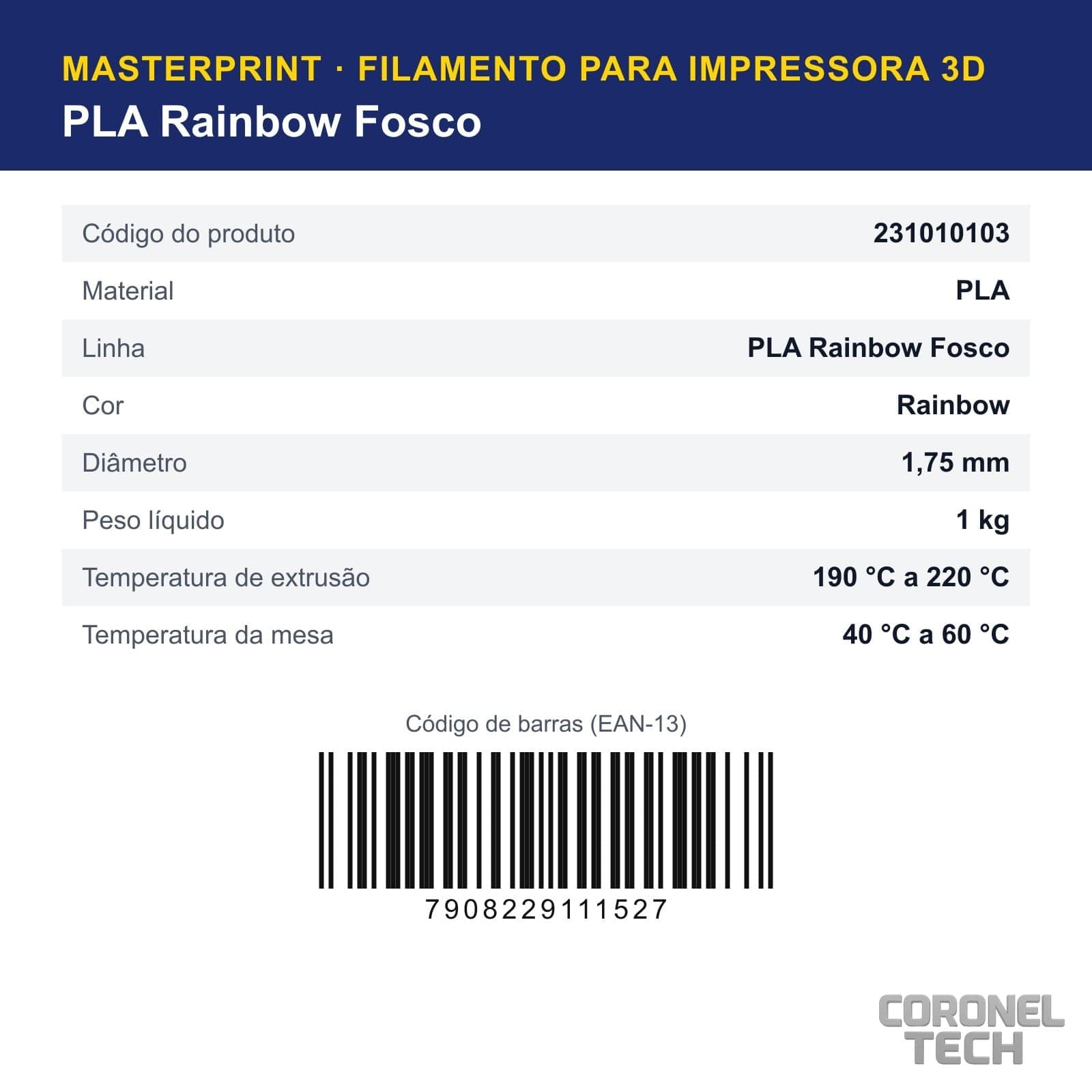 PLA Rainbow Fosco: dados e códigos do produto