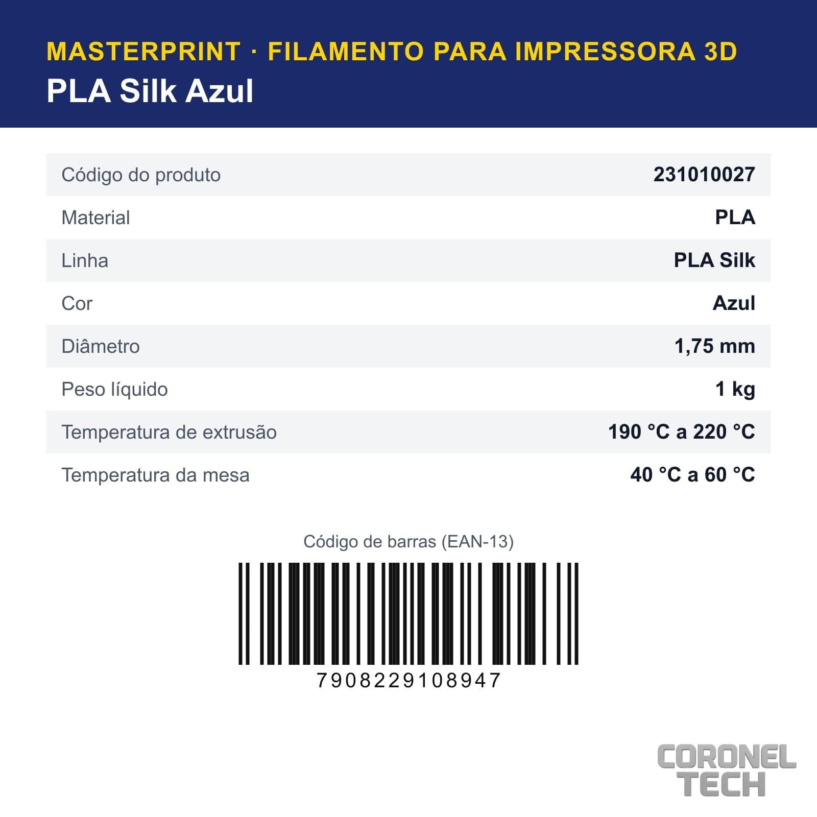 PLA Silk Azul: dados e códigos do produto