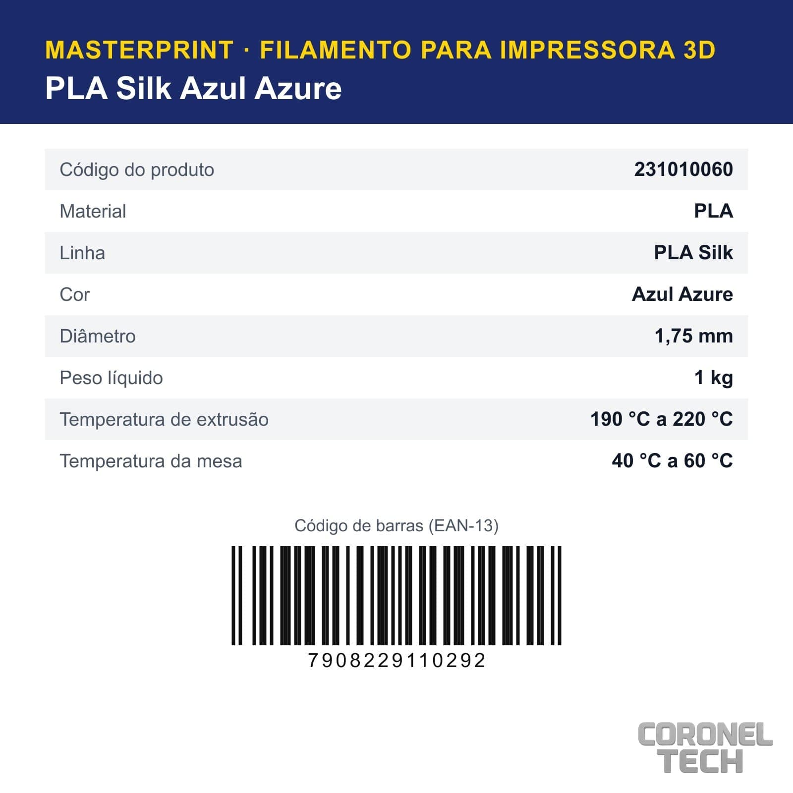 PLA Silk Azul Azure: dados e códigos do produto