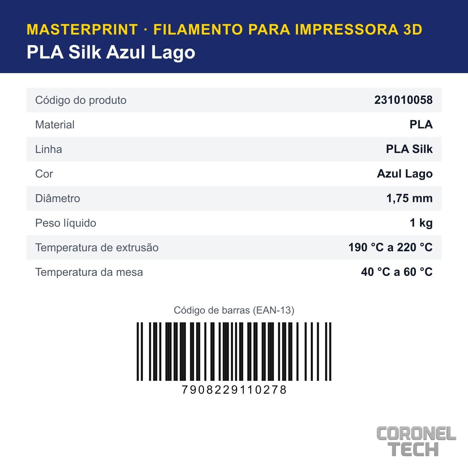 PLA Silk Azul Lago: dados e códigos do produto