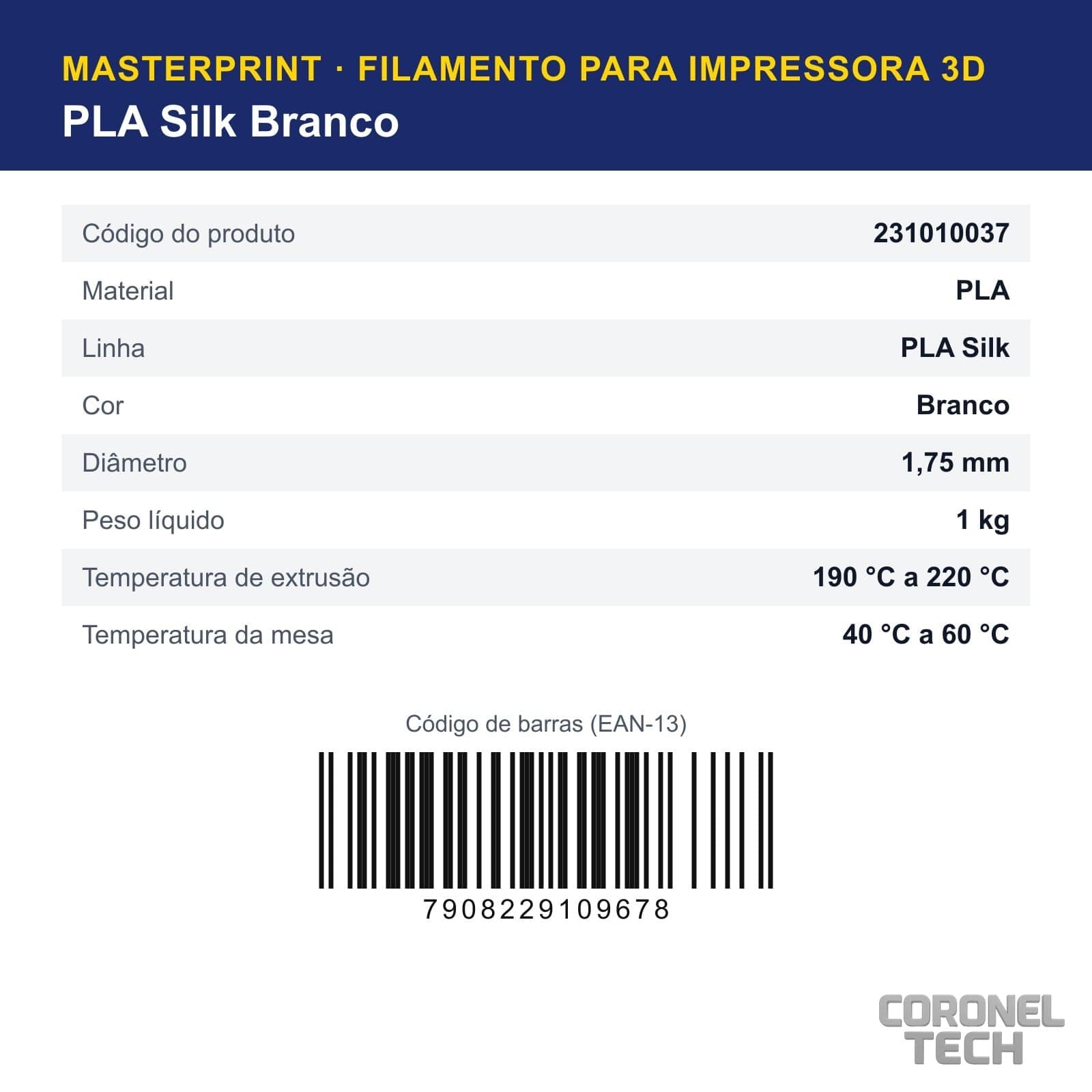 PLA Silk Branco: dados e códigos do produto