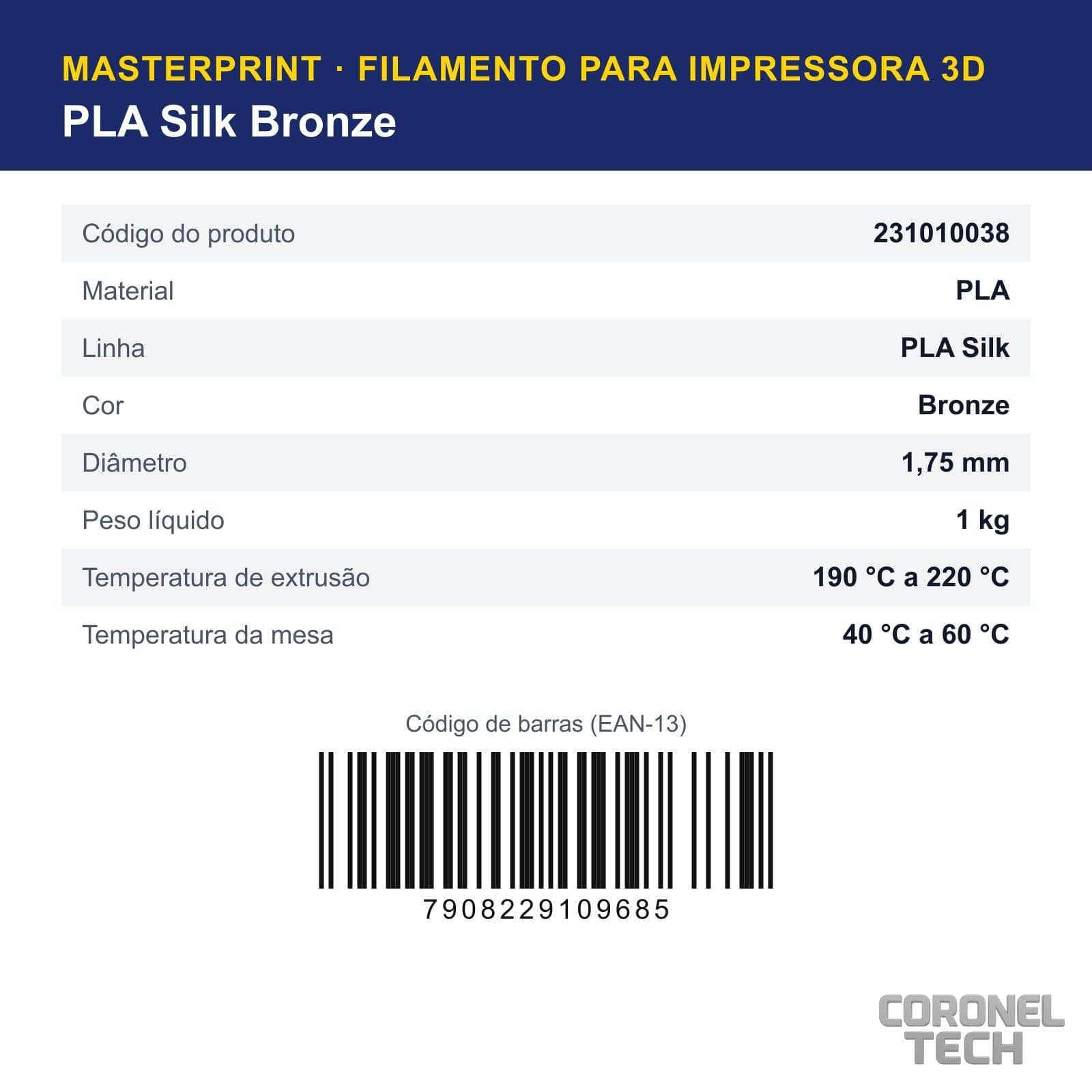 PLA Silk Bronze: dados e códigos do produto
