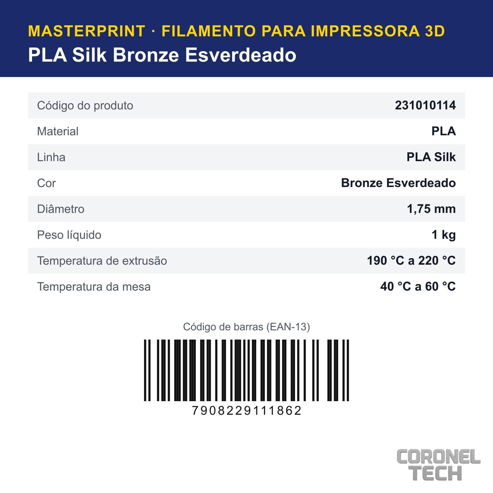 PLA Silk Bronze Esverdeado: dados e códigos do produto