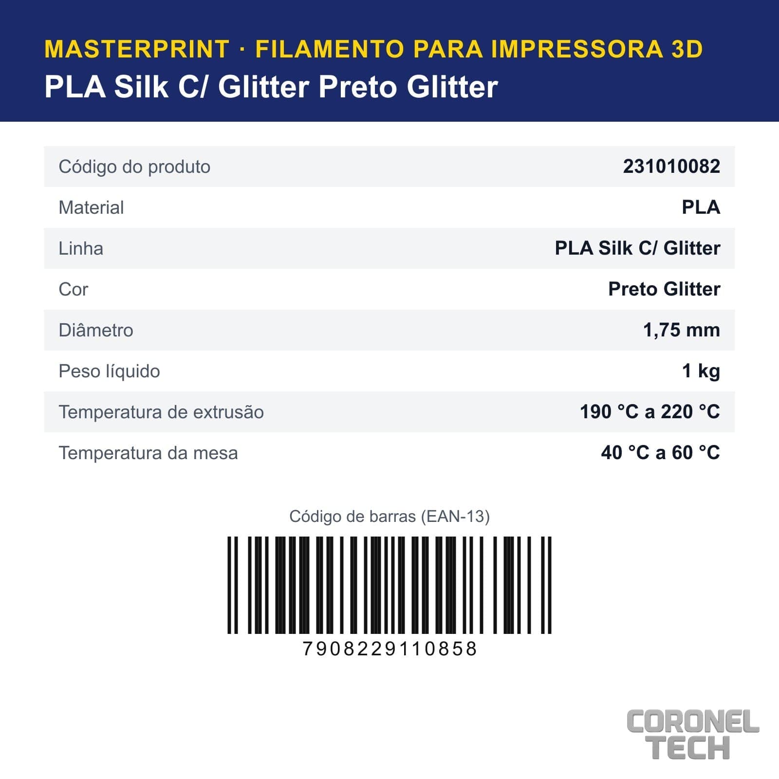 PLA Silk C/ Glitter Preto Glitter: dados e códigos do produto