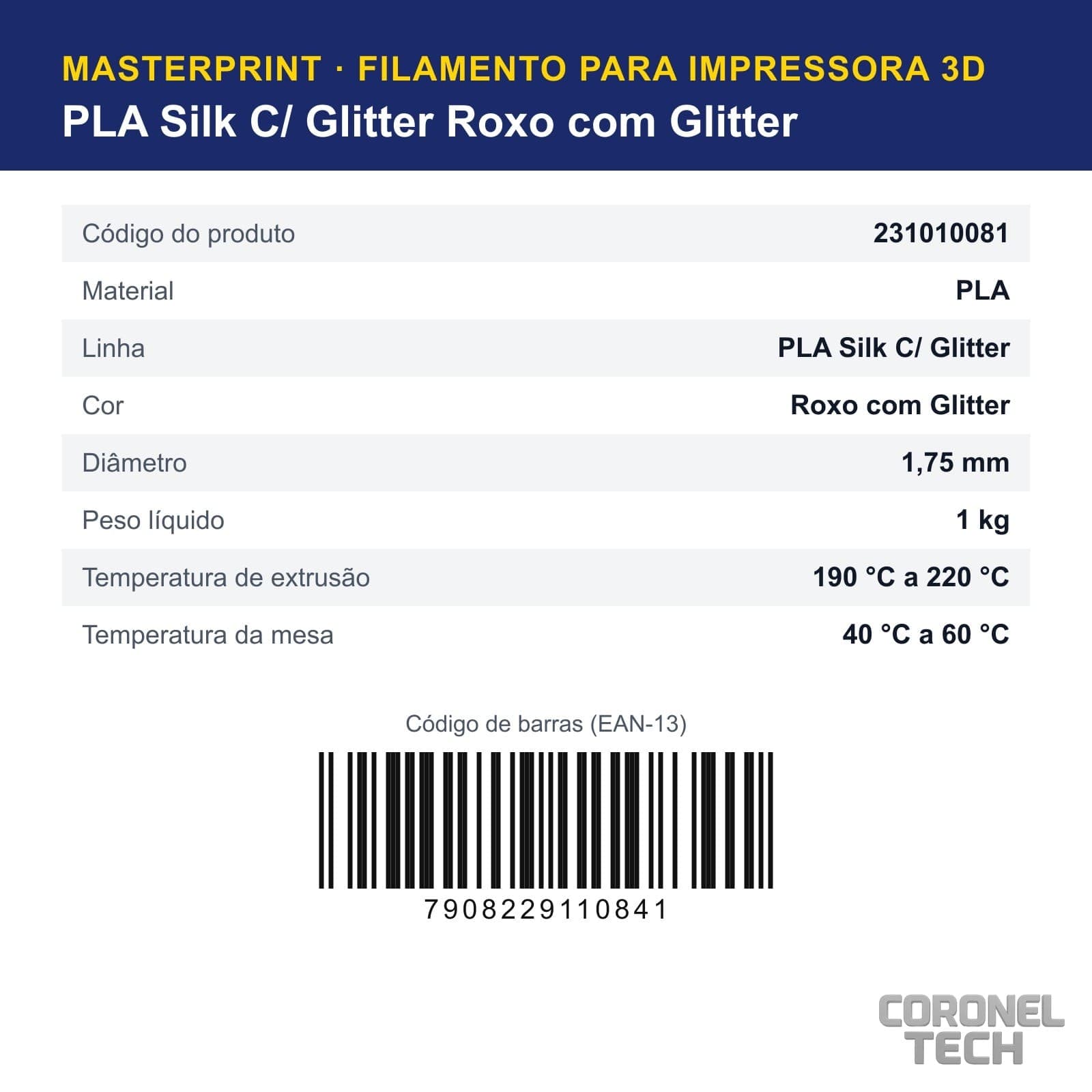 PLA Silk C/ Glitter Roxo com Glitter: dados e códigos do produto