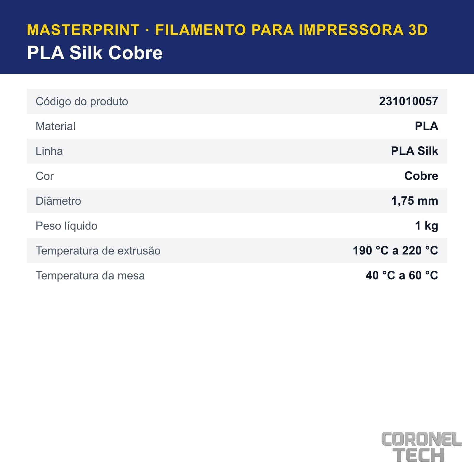 PLA Silk Cobre: dados e códigos do produto