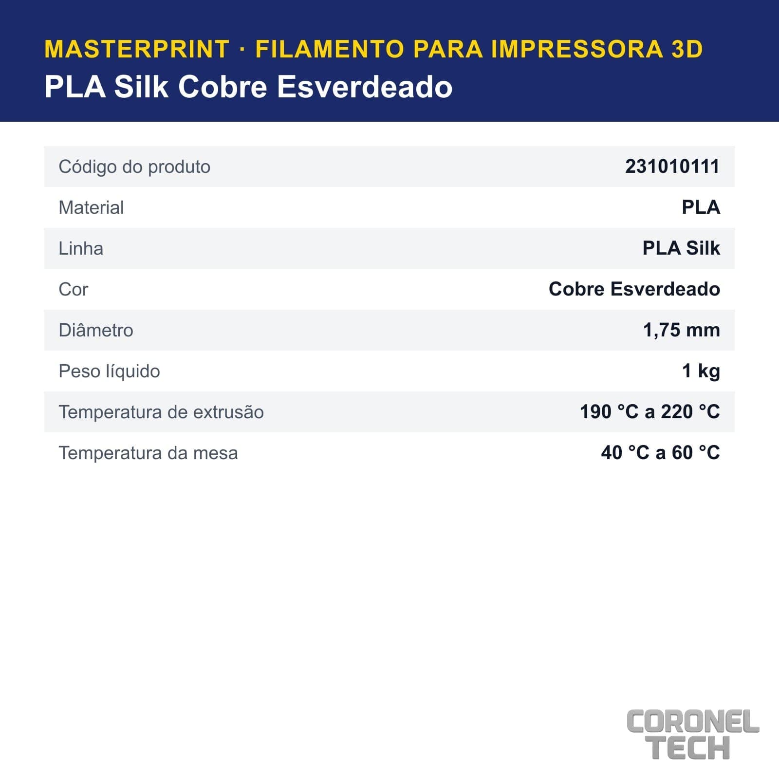 PLA Silk Cobre Esverdeado: dados e códigos do produto