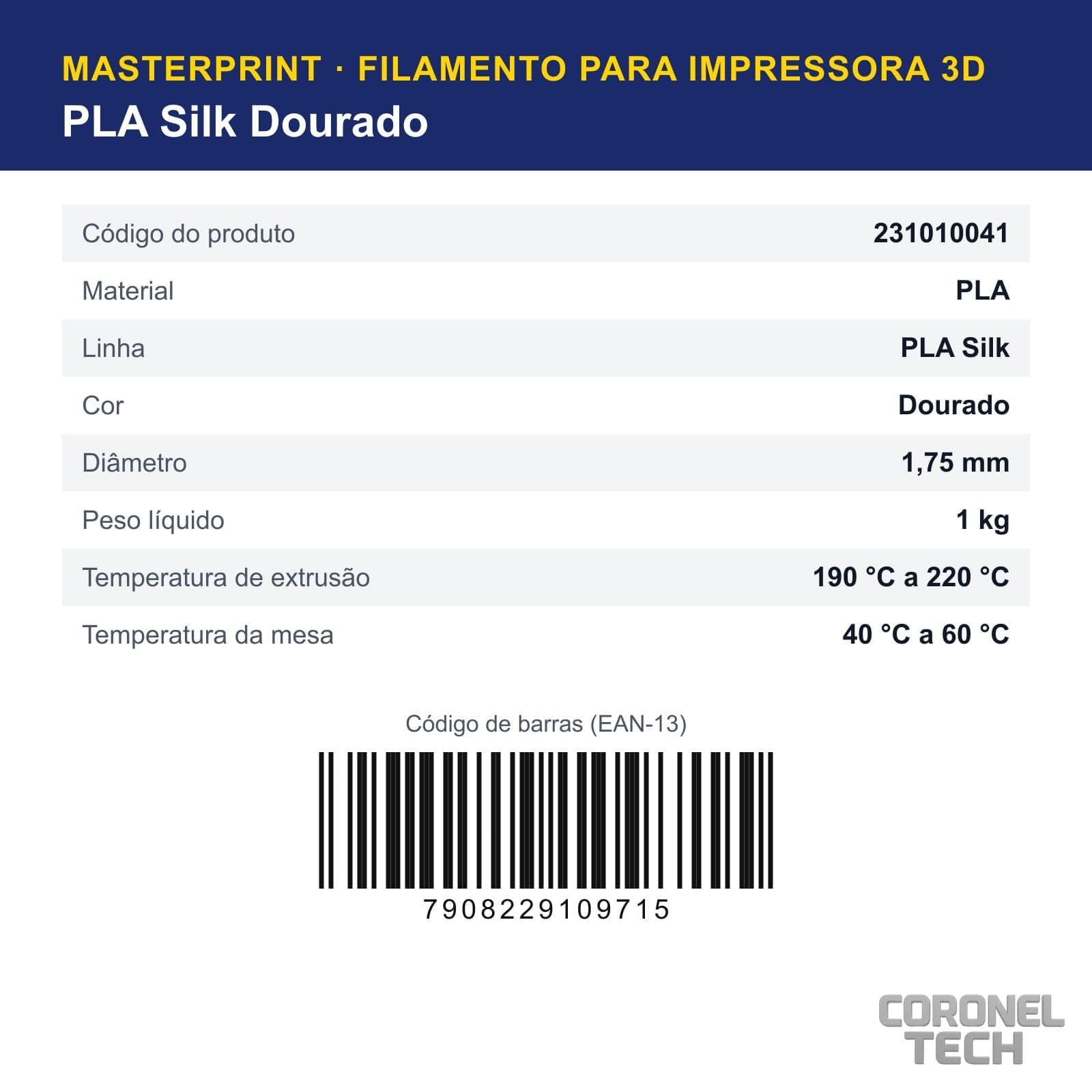 PLA Silk Dourado: dados e códigos do produto