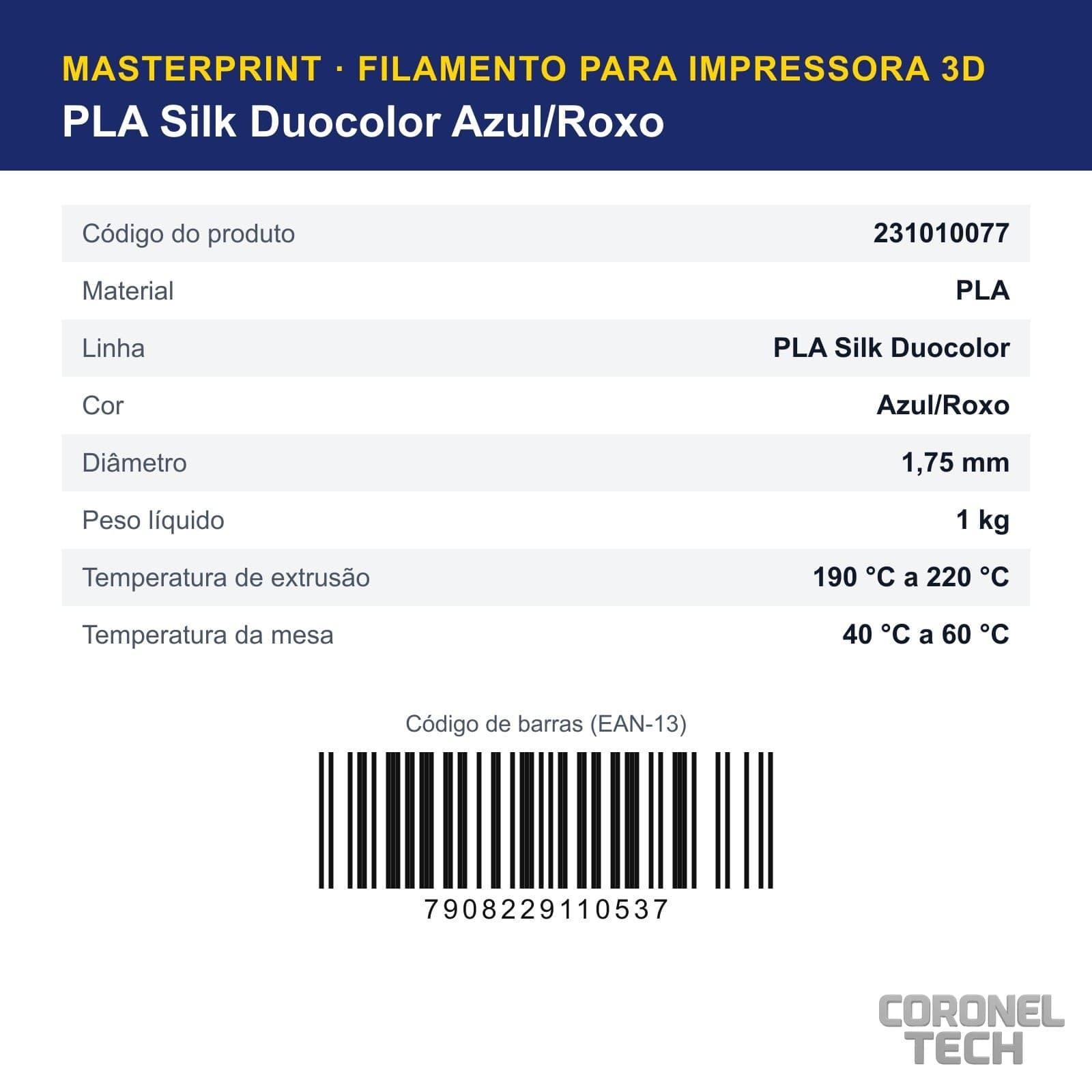 PLA Silk Duocolor Azul/Roxo: dados e códigos do produto
