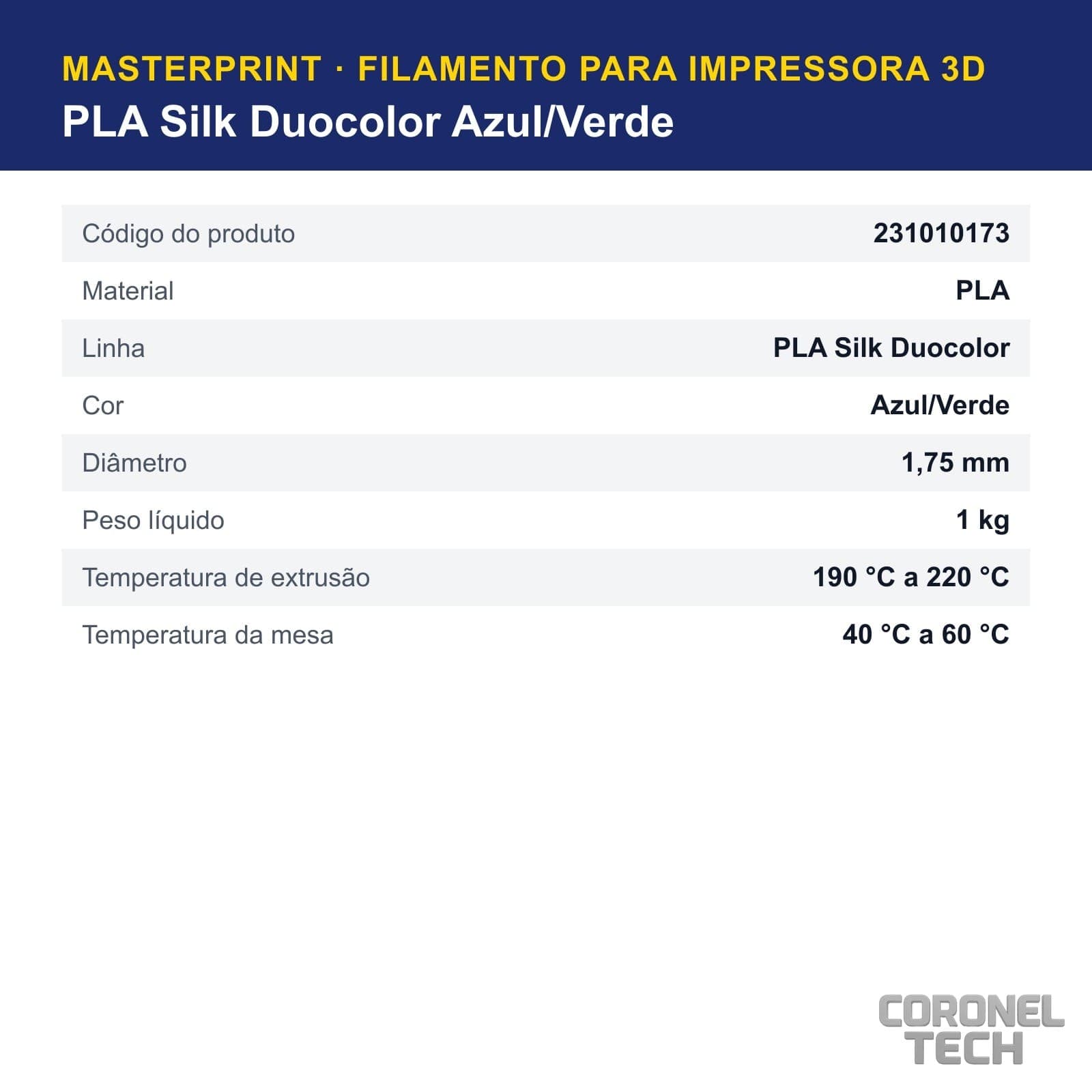 PLA Silk Duocolor Azul/Verde: dados e códigos do produto