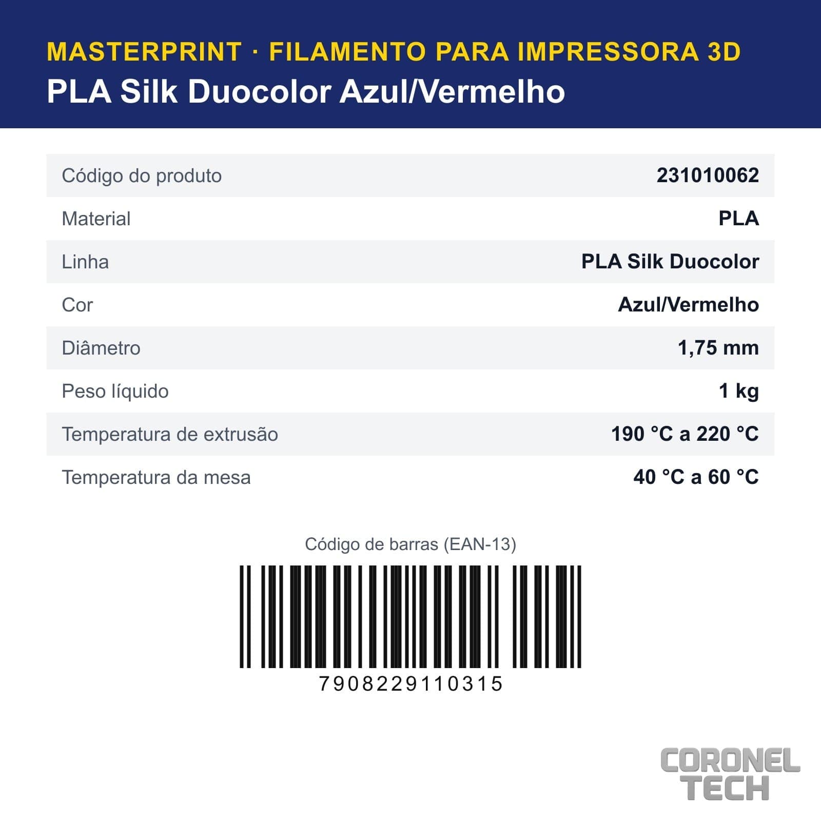 PLA Silk Duocolor Azul/Vermelho: dados e códigos do produto