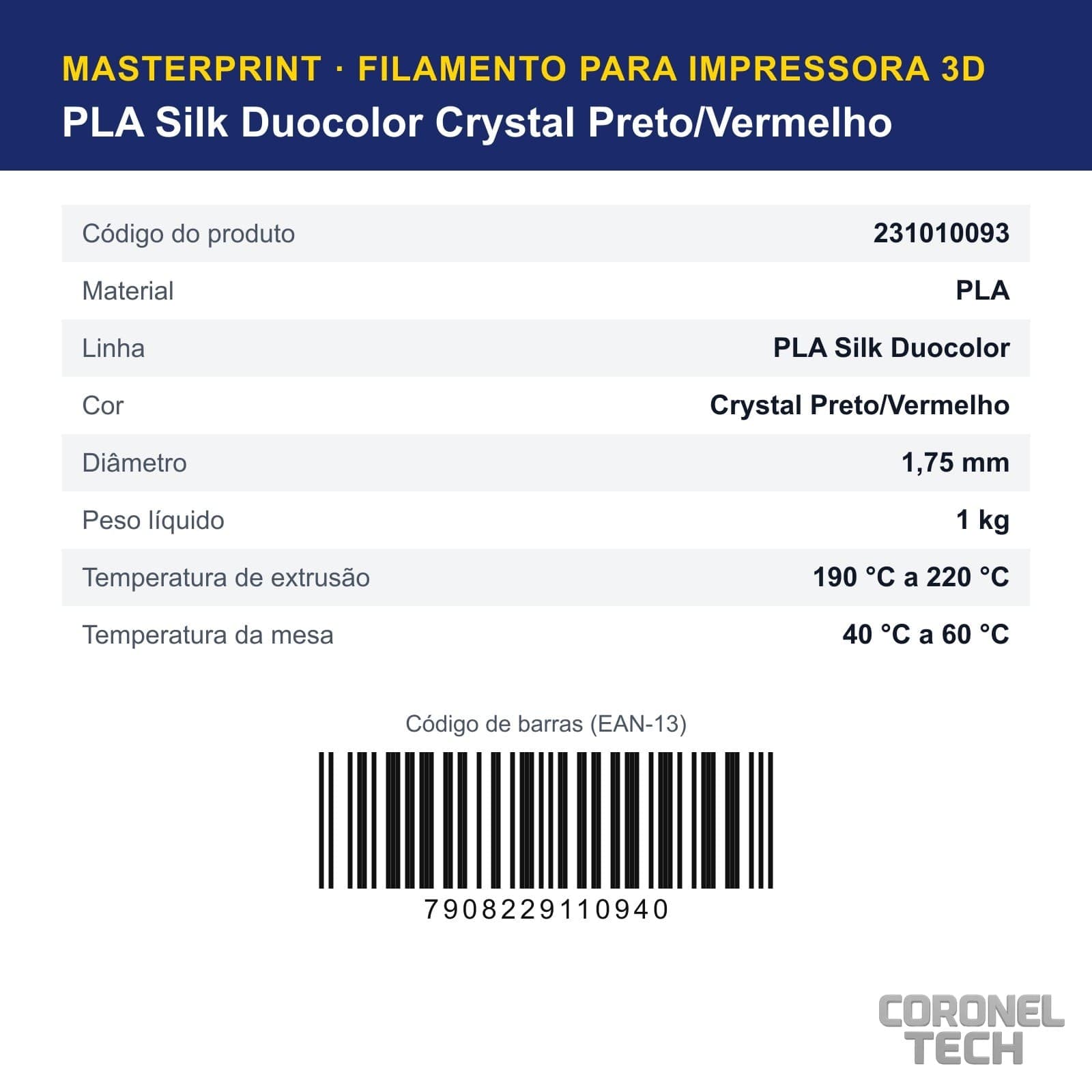 PLA Silk Duocolor Crystal Preto/Vermelho: dados e códigos do produto