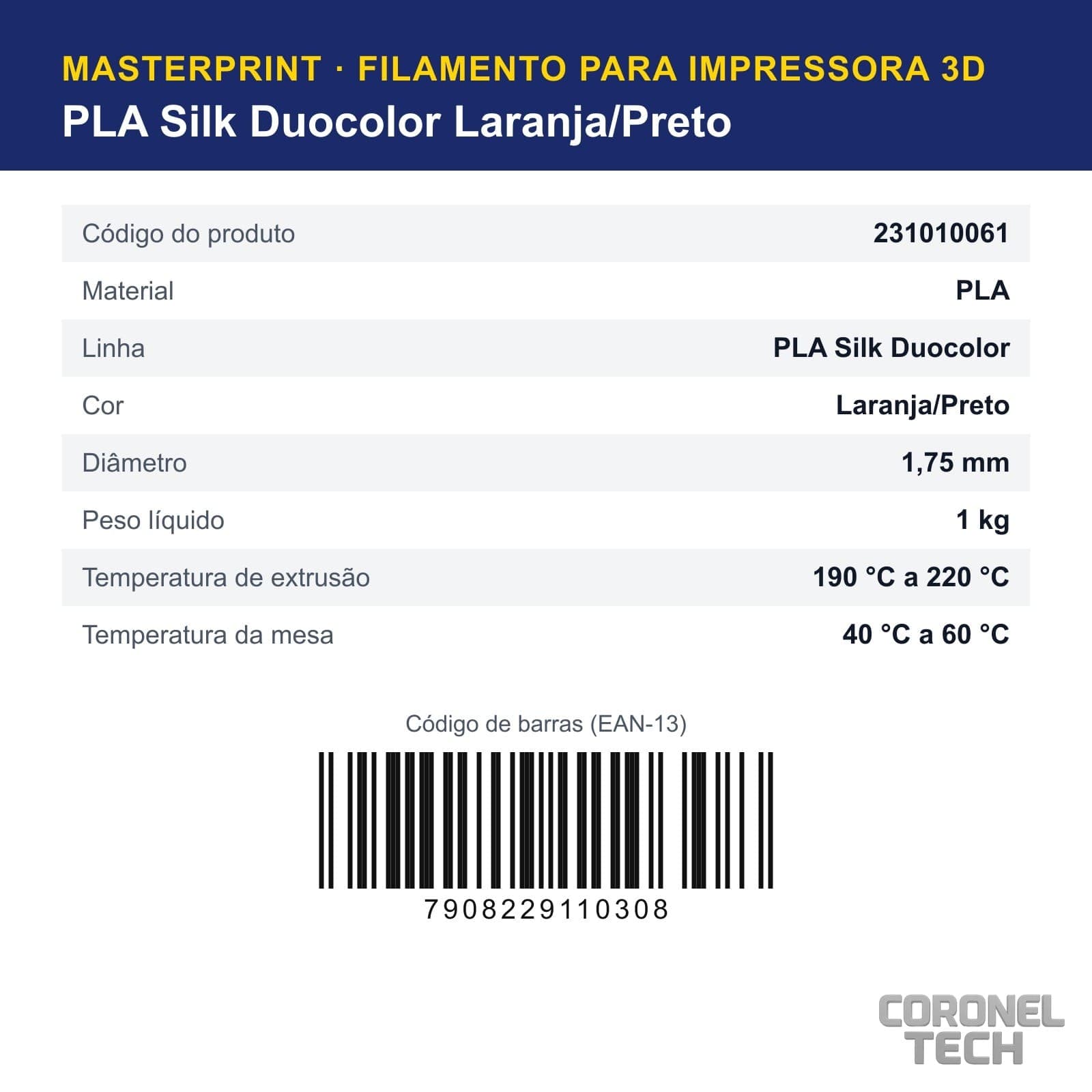 PLA Silk Duocolor Laranja/Preto: dados e códigos do produto