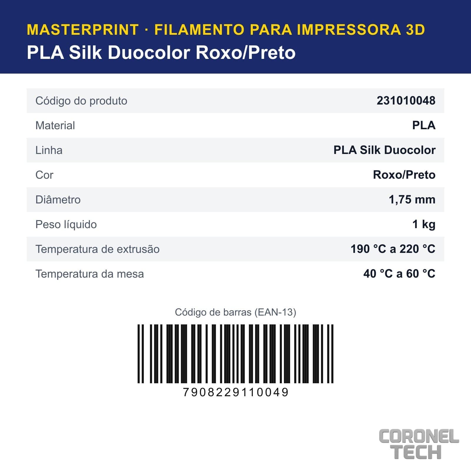 PLA Silk Duocolor Roxo/Preto: dados e códigos do produto