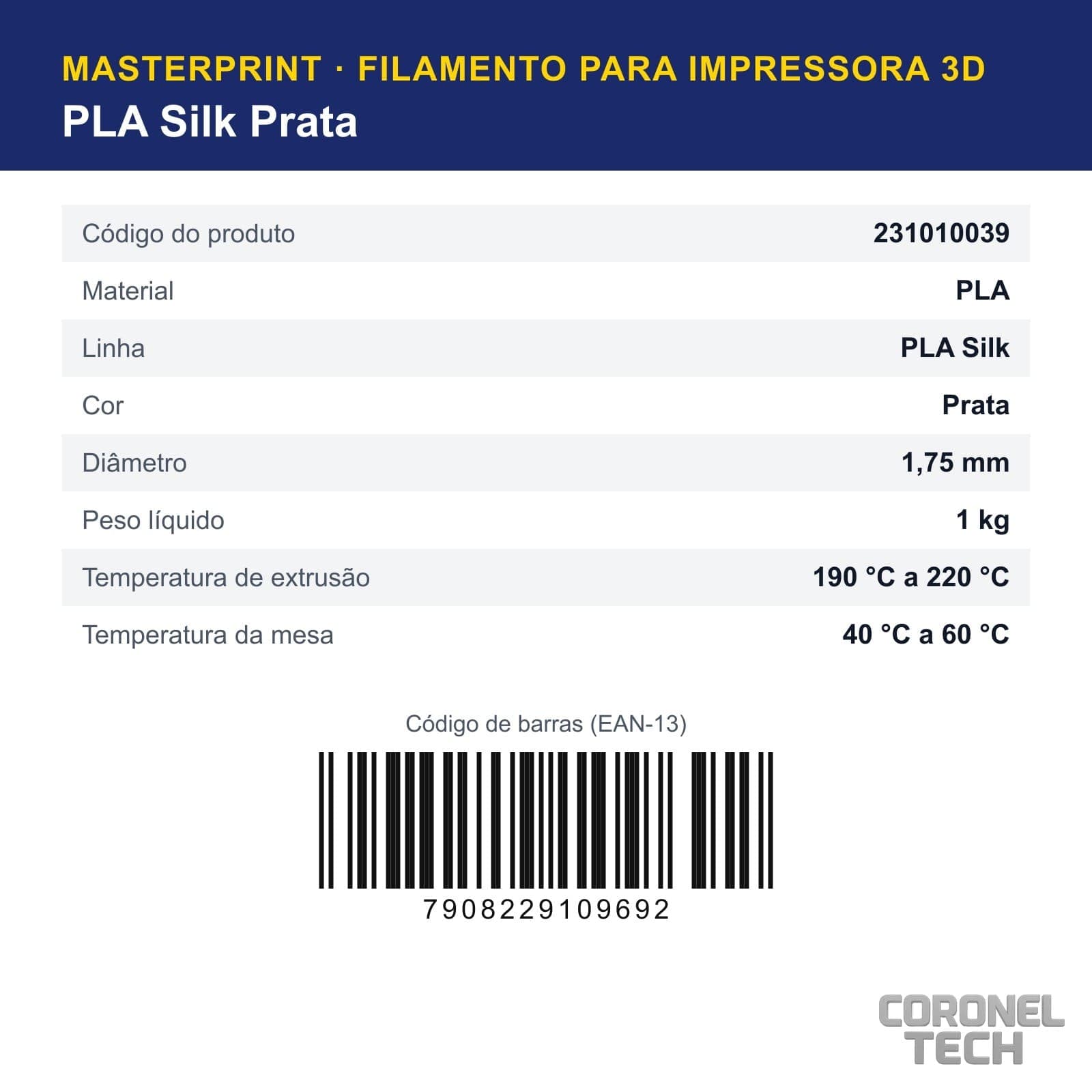 PLA Silk Prata: dados e códigos do produto