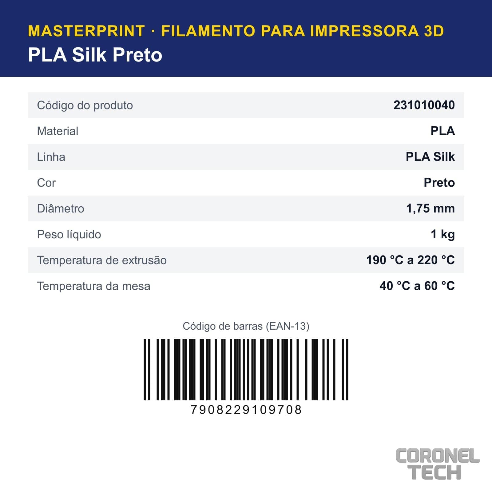 PLA Silk Preto: dados e códigos do produto