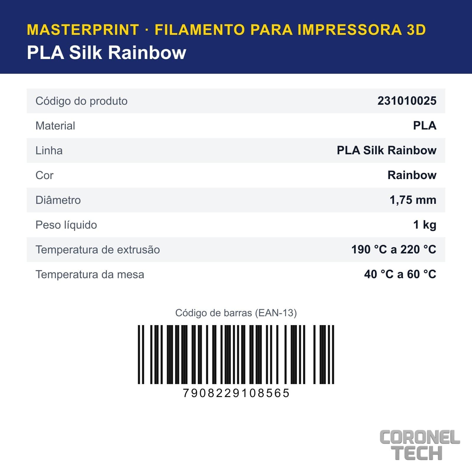 PLA Silk Rainbow: dados e códigos do produto