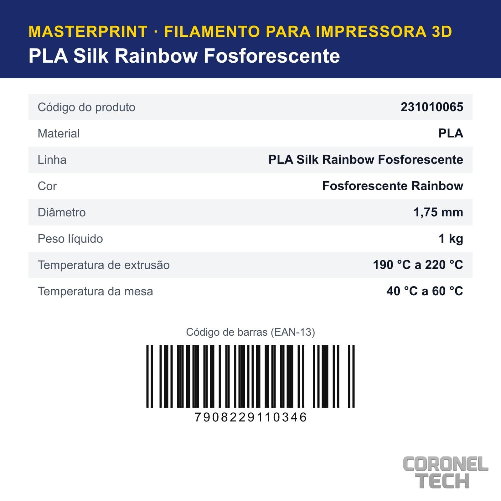 PLA Silk Rainbow Fosforescente: dados e códigos do produto
