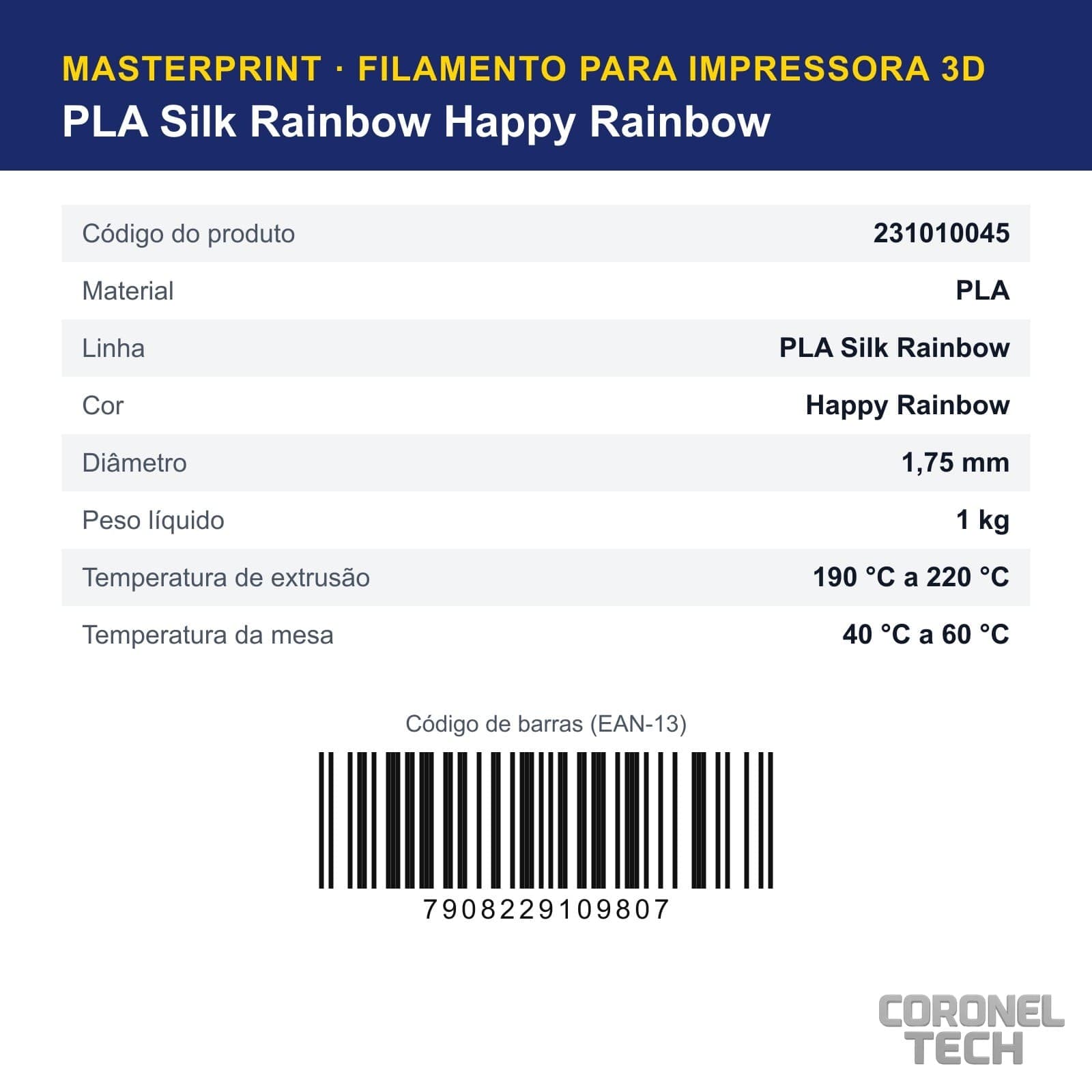 PLA Silk Rainbow Happy Rainbow: dados e códigos do produto