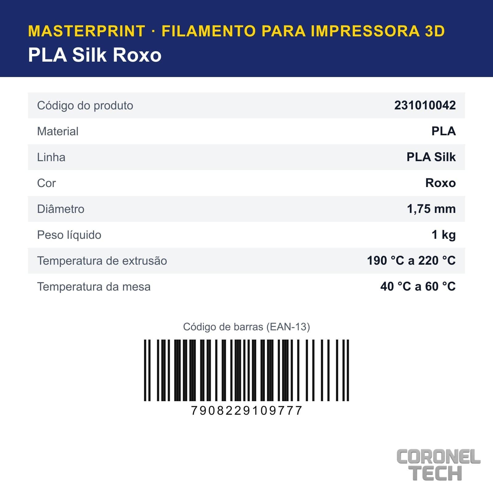 PLA Silk Roxo: dados e códigos do produto